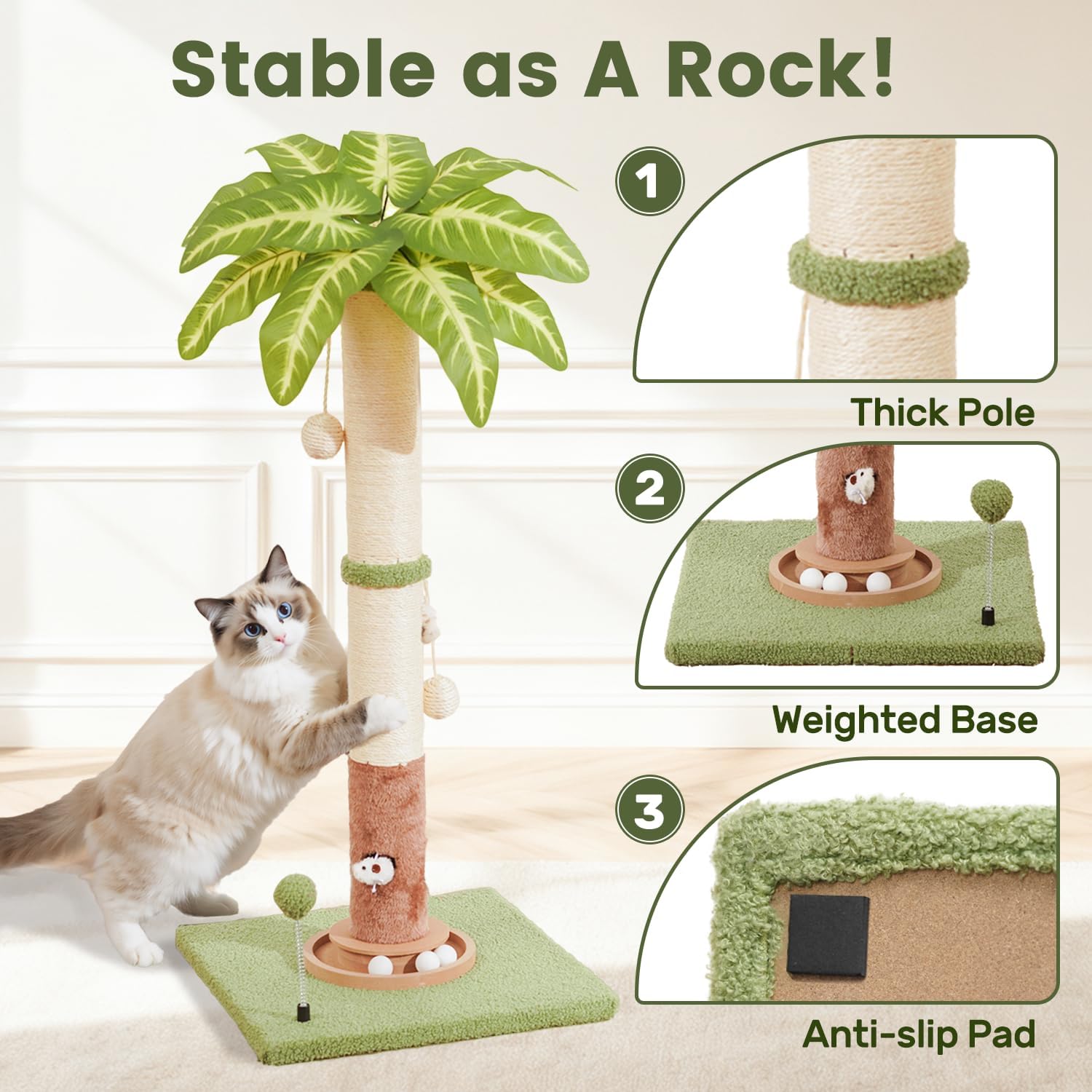35.4" Tall Large Cat Scratching Post, Indoor Kitten Vertical Sisal Rope Scratcher Pole with Modern Aesthetic Leaf and Toy, Heavy Duty Stable Base with Multifunctional Interactive Ball Track