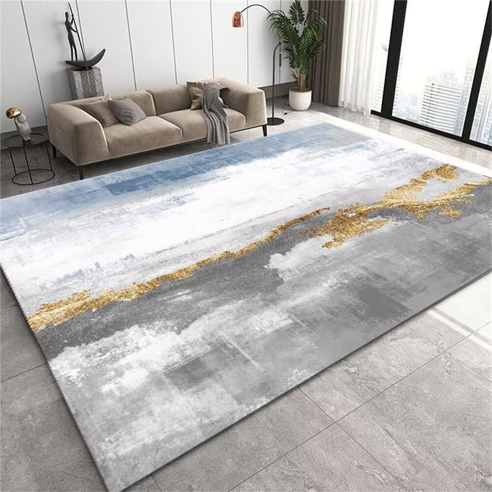 Tapis minimaliste abstrait bleu et gris, un revêtement textile raffiné
