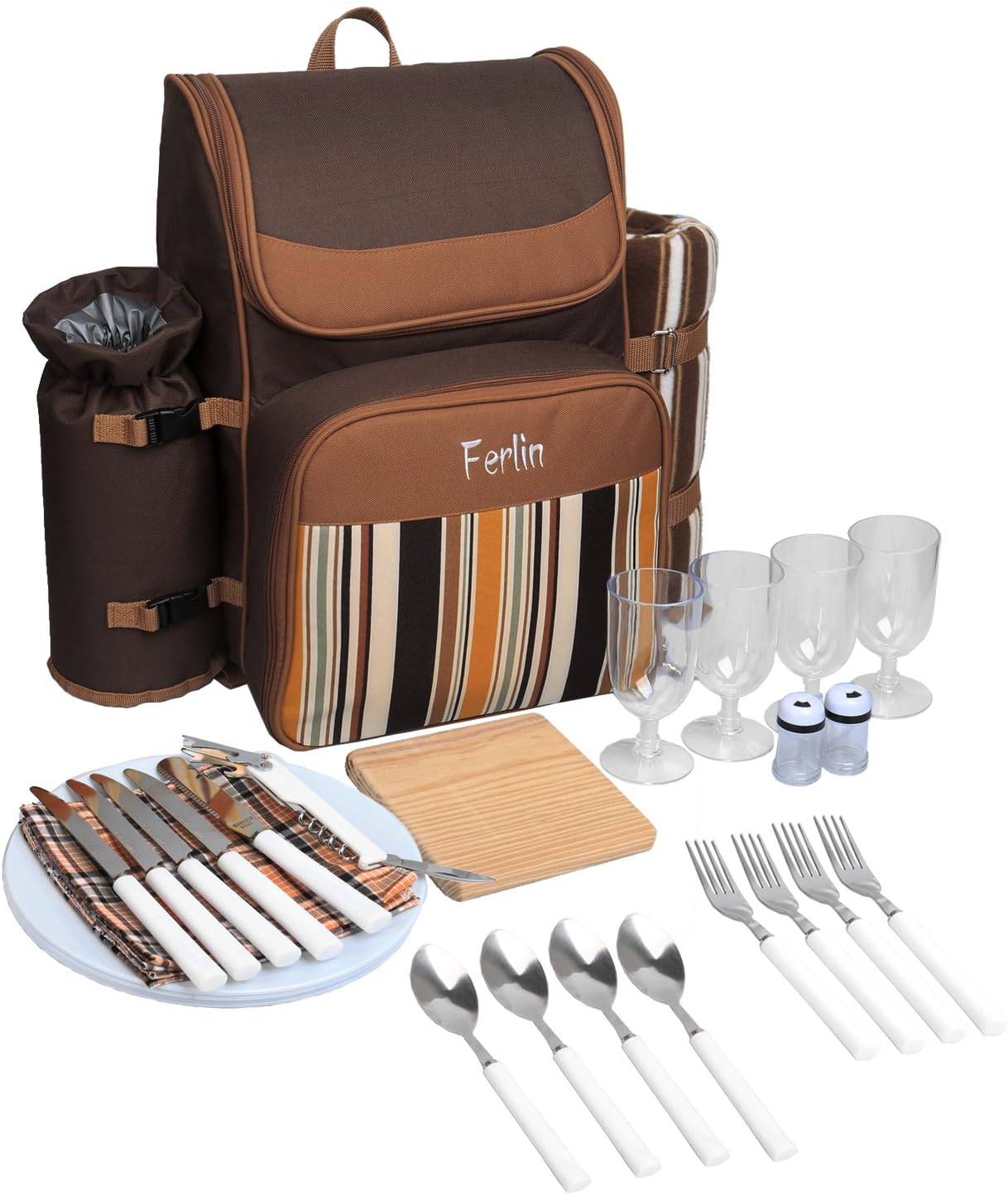 Ferlin Picnic Basket Backpack Set for 4 with Cooler Compartment, Detachable Bottle/Wine Holder, Fleece Blanket, Plates and Cutlery Set (Coffee)