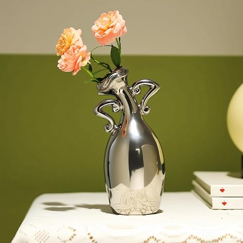 Unique Vases for Flowers，7 Inch Silver Small Diameter Ceramic Vase | Novel Decoration For The Dining Table, Living Room, Bookshelf And Office, Gift For Flower Lovers