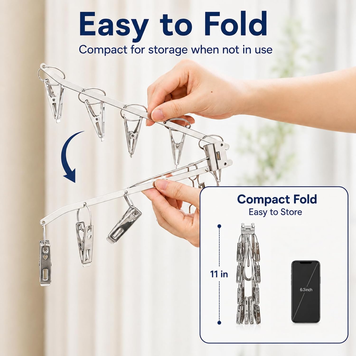 Foldable Clothes Drying Rack with Clips, Windproof Hook, 4 Pack