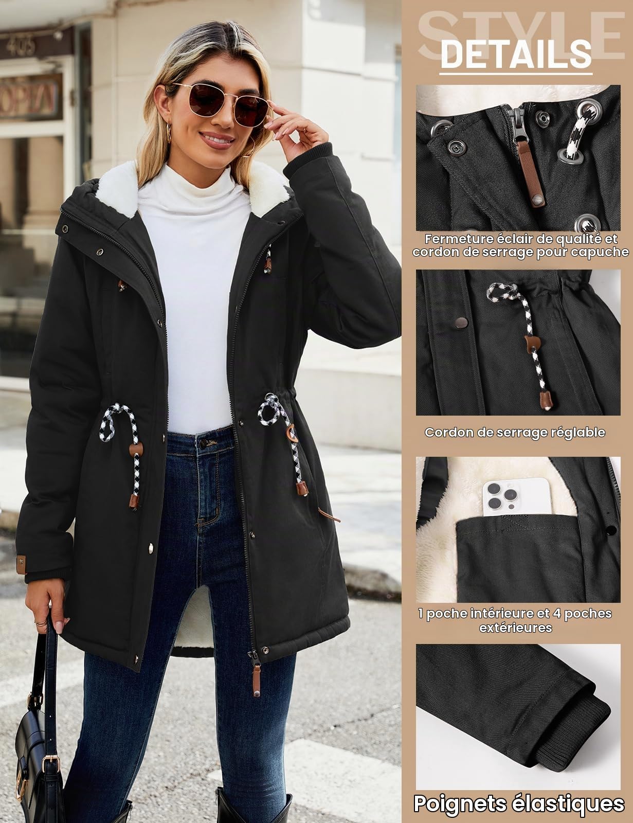 Xnova Parka Manteau Femme Polaire Chaude Mi Longue | Manteaux en Coton Coupe Vent Veste Polaire à Capuche Manche Longue Casual Blouson avec Zippé Coat Anti-Froid Automne Hiver