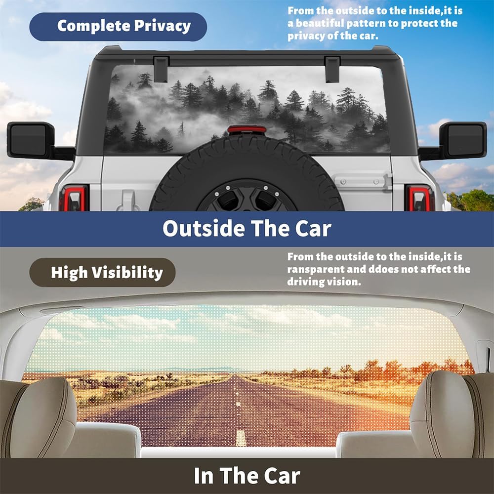 Abstract Mountain Forest Rear Window Decal Wrap Graphic, Rustic Morning Misty Nature Forest View Vinyl Window Film Truck Back Window Decals,Pickup Trucks Back Window Stickers 66 x 22 inch