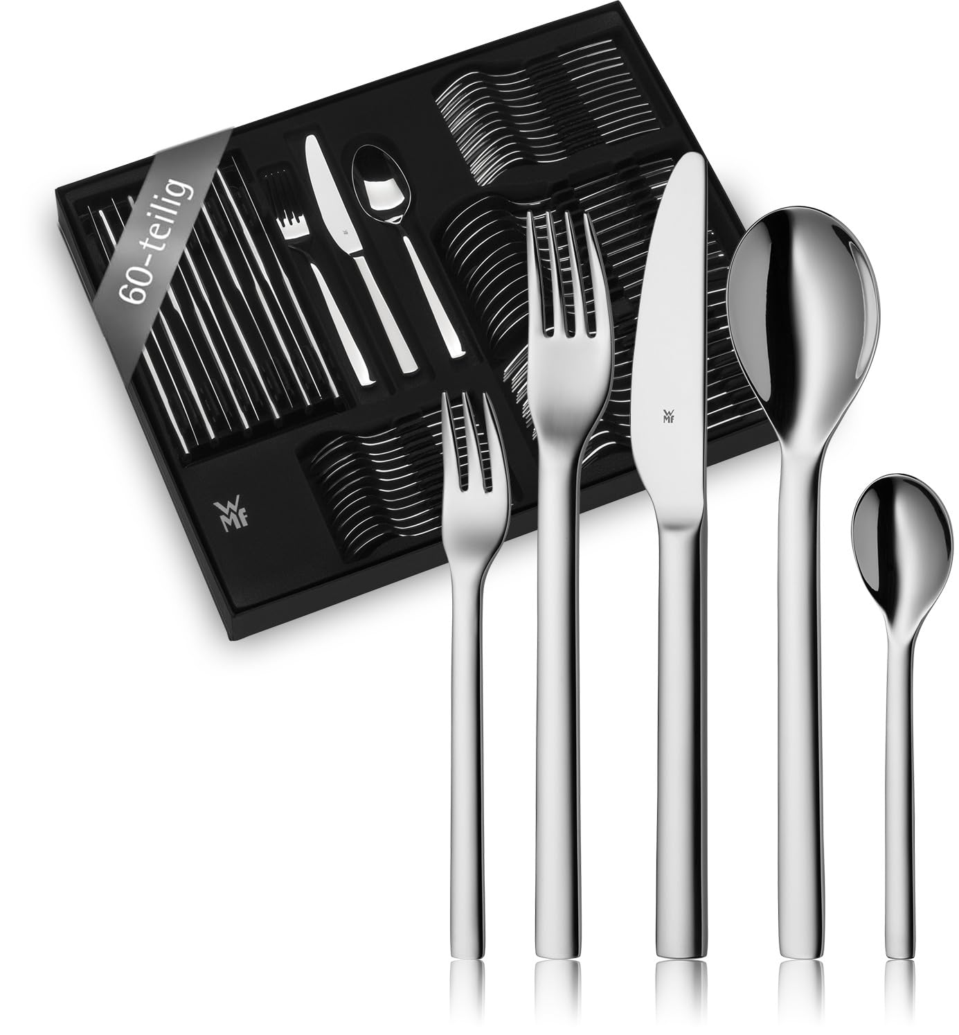 WMF Habitum Besteck Set 12 Personen, Essbesteck 60 teilig, Monobloc-Messer, Cromargan Edelstahl poliert, glänzend, spülmaschinenfest