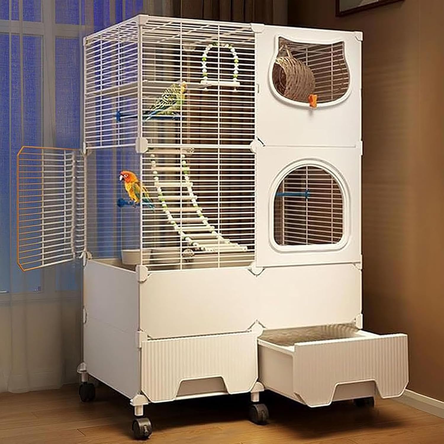 Large Bird Cage with Climbing Ladder & Wheels, Metal Wire Home Parrot Cage for Medium Small Birds, Dimensions 28" W x 14" D x 45" H