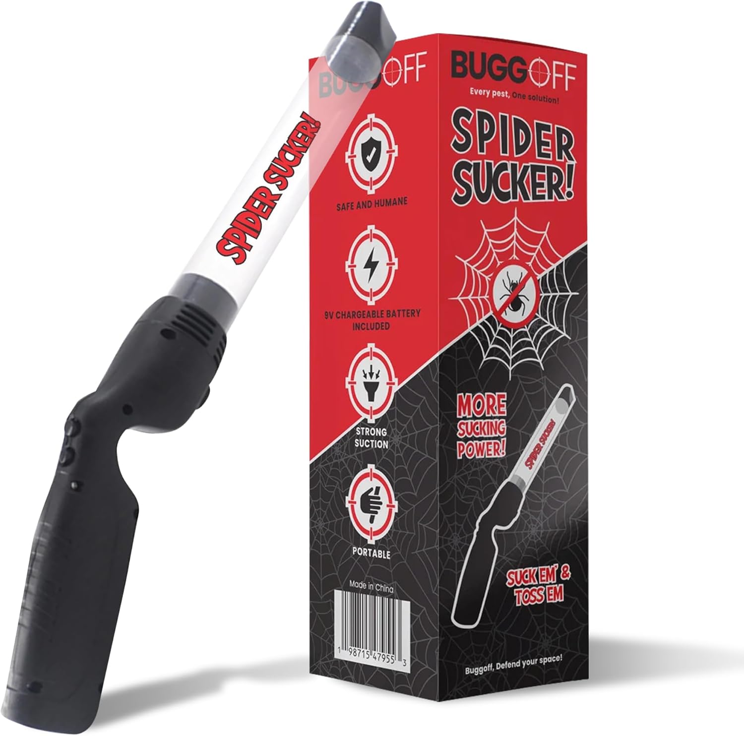 BUGGOFF - Spider Sucker Bug Vacuum, Strong Suction, Easy No Touch, Release Outside! Humane Option, with LED Light & Rechargeable USB C Battery and Cable