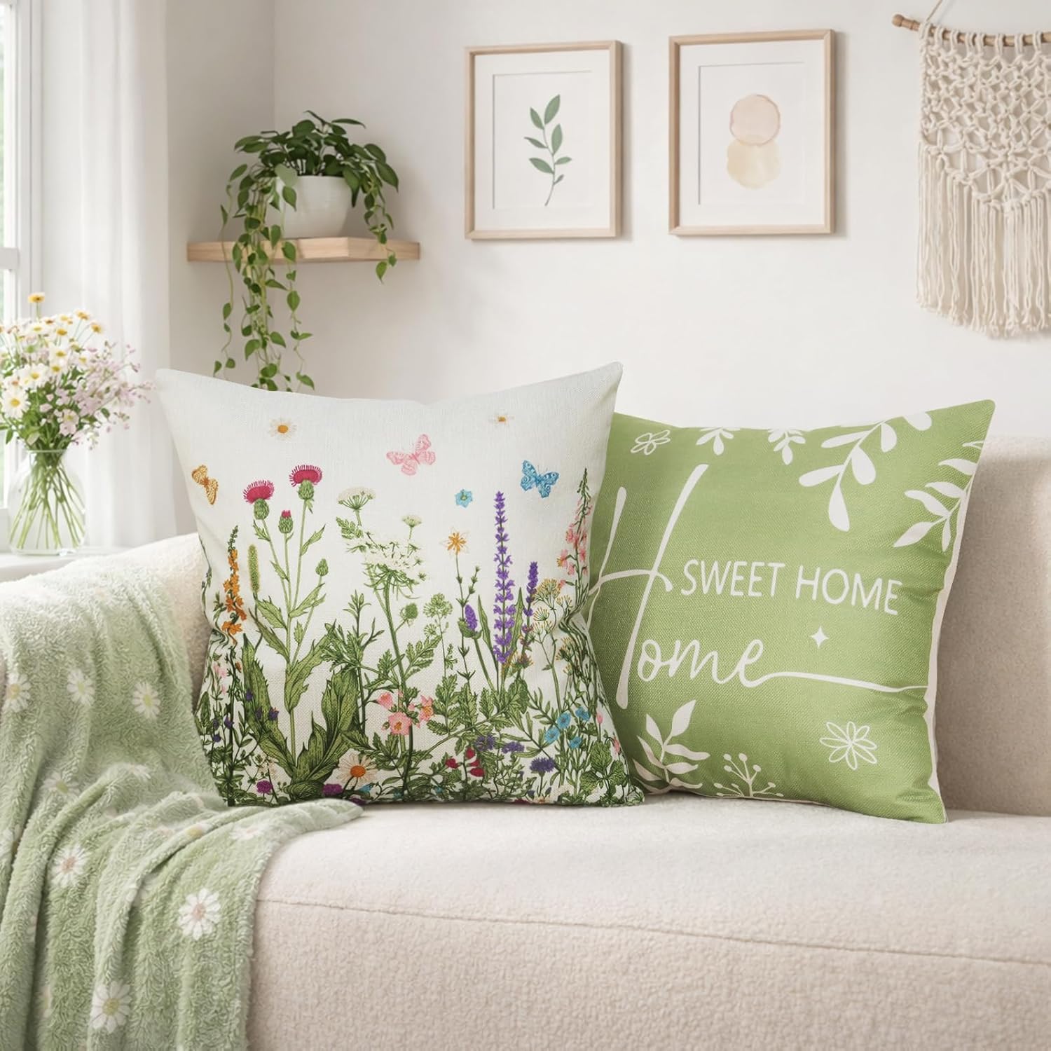 Yuubin Spring Summer Pillow Covers 20x20 Set of 4 Sage Green Wild Plant Floral Throw Pillows Case,Outdoor Farmhouse Couch Home Sofa Bed Linen Pillow Decorations - Image 6