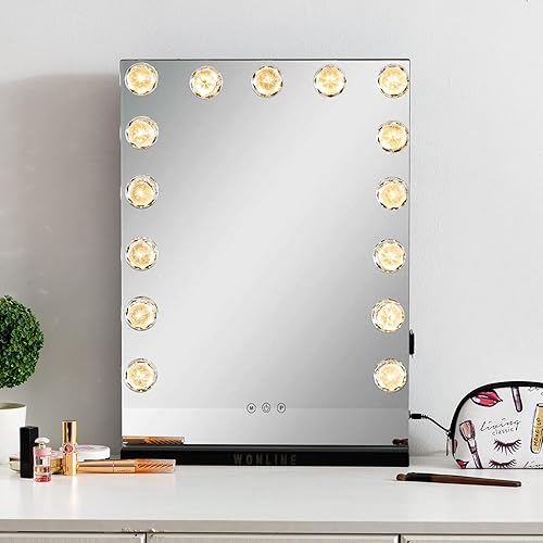 walsport Espejo de maquillaje iluminado Hollywood con tacto inteligente, 15 bombillas LED regulables, mesa o montaje en pared, espejo de belleza