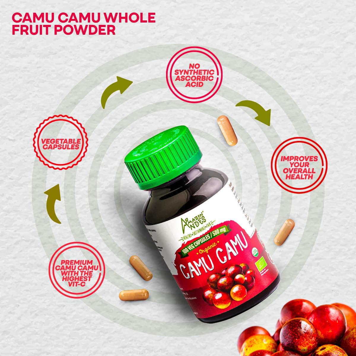 Amazon Andes Camu Camu Capsules 500mg - Pure Vitamin C Origin from Peru - Myrciaria Dubia Berry - 100 Vegetarian Caps - Wild Harvested Amazon Rainforest Superfruit Non-GMO Vegan - Image 4