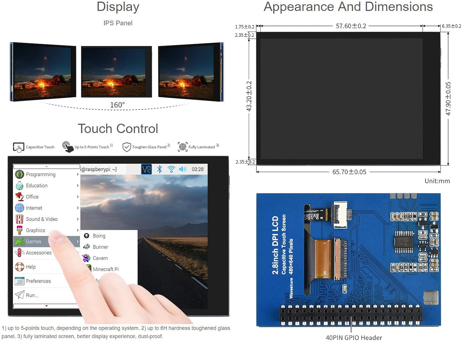 Waveshare 2.8inch Screen LCD Compatible with Raspberry Pi 4B/3B+/3B/2B/B+/A+/Zero/Zero W/WH/Zero 2W 480×640 Resolution DPI IPS 5-Points Capacitive Touch Control Optical Bonding Toughened Glass Cover