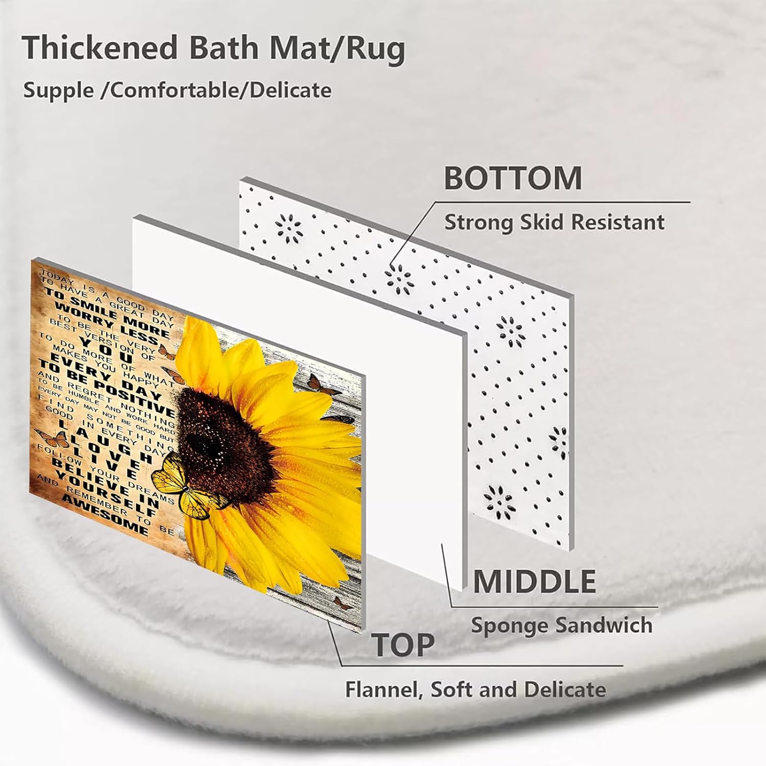 AZHM 4pcs Shower Curtain Sets with Rugs Sunflower Bathroom Set Decor Inspirational Quotes Bathroom Curtains Shower Set with Rugs and Accessories