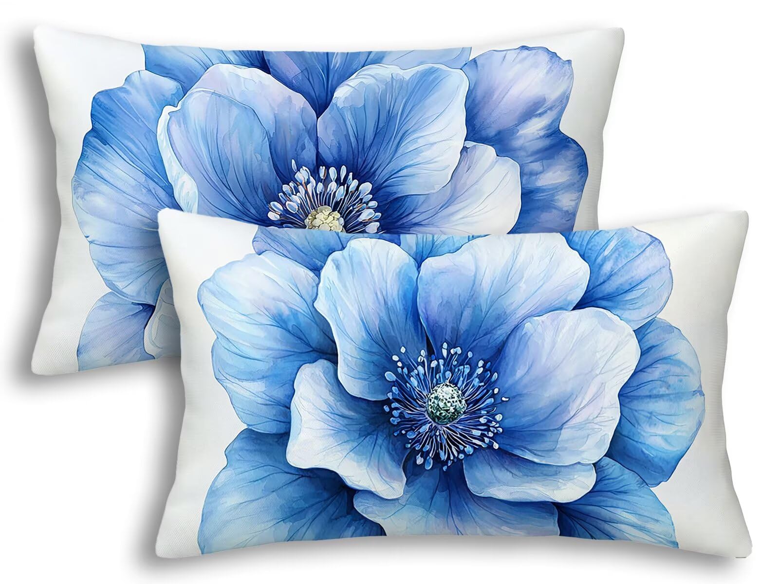 Housse coussin extérieur imperméable 40x60 déperlante taie oreiller bleu fleur en lin