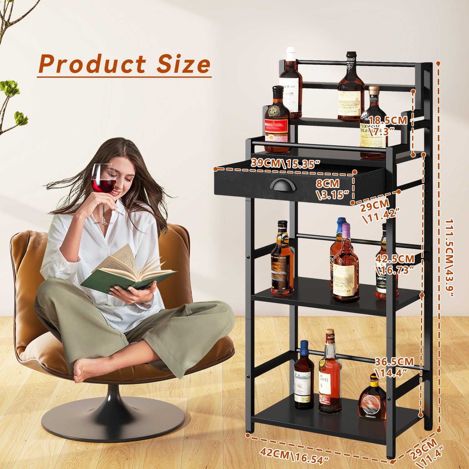 IBUYKE Stufen Weinregal, Freistehend, Weinschrank mit Schublade und Ausstellungsregal für Whisky, Trapezförmiges Flaschenhalter für Bar, Wohnzimmer, Esszimmer,Schwarz TMJ915B
