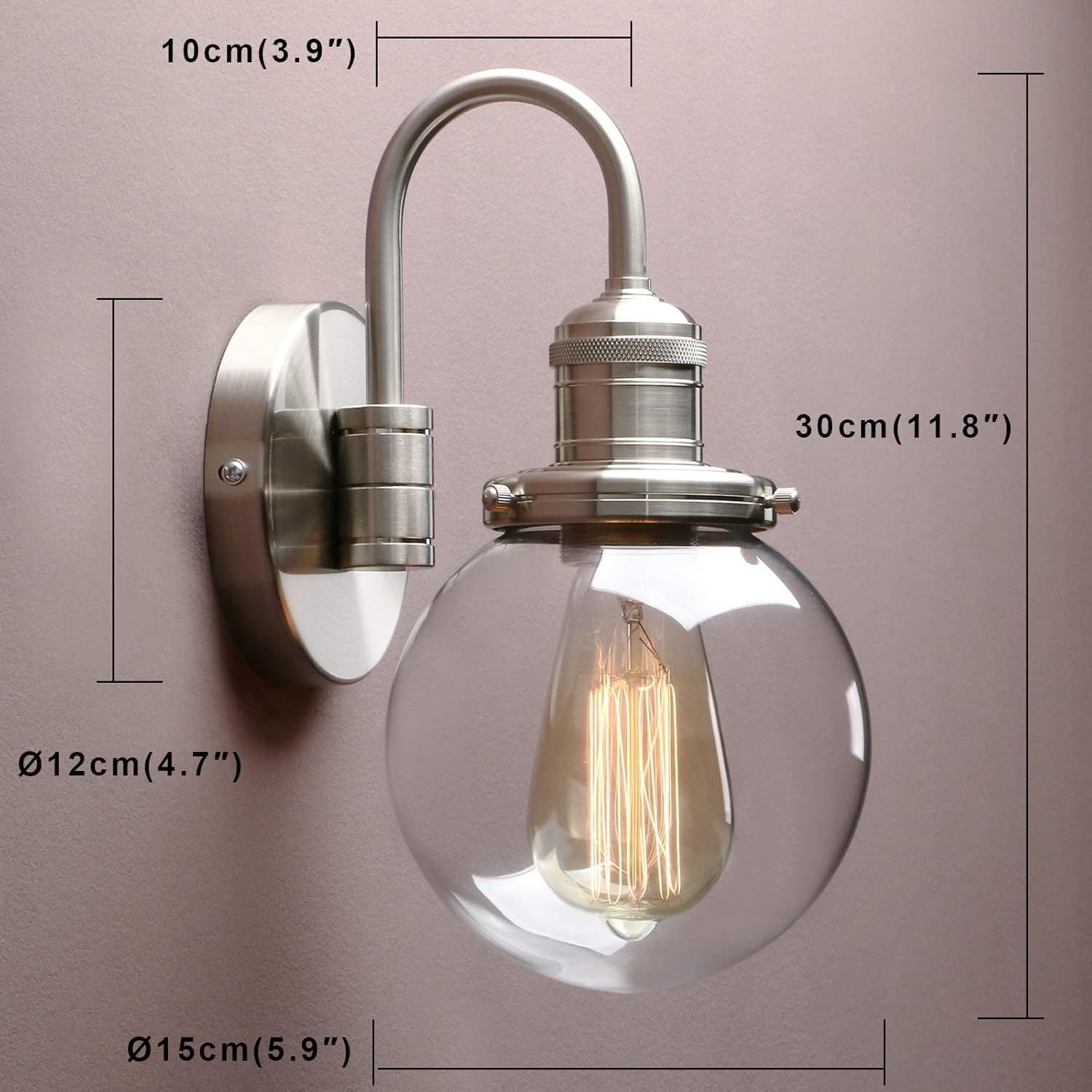 Yosoan 1-Light Brass Modern Vintage Indoor Wall Sconce, Vanity Single Luxury Hardwired Retro Textured Clear Round Globe Glass Shade with Industrial Gooseneck Curved Rod Bathroom Lamp(Antique)