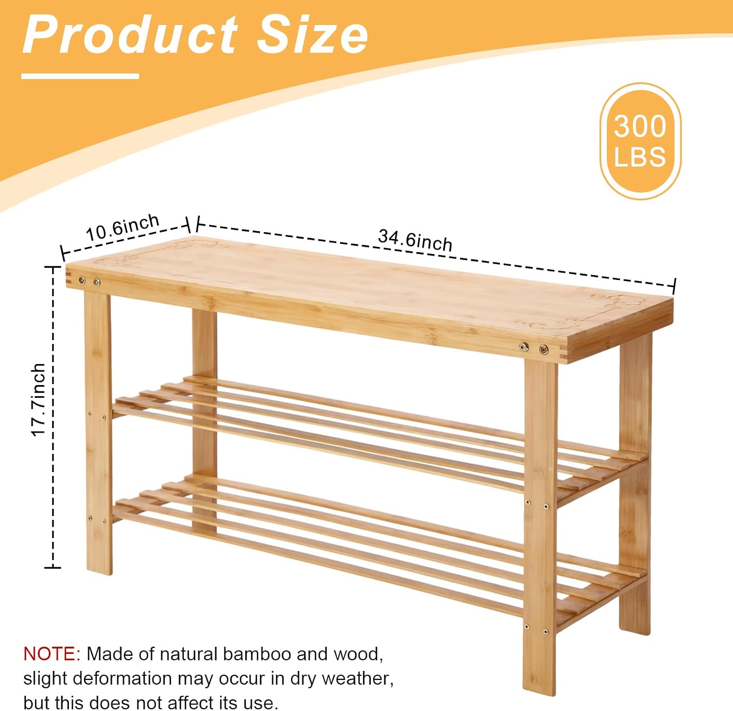 Sintuff 34.6 Inch 3-Tier Storage Bench Bamboo Entryway Storage Bench with Shelf Shoe Rack Organizer Seat Natural Wood Tone for Home Bedroom Living Room Dining Room Balcony