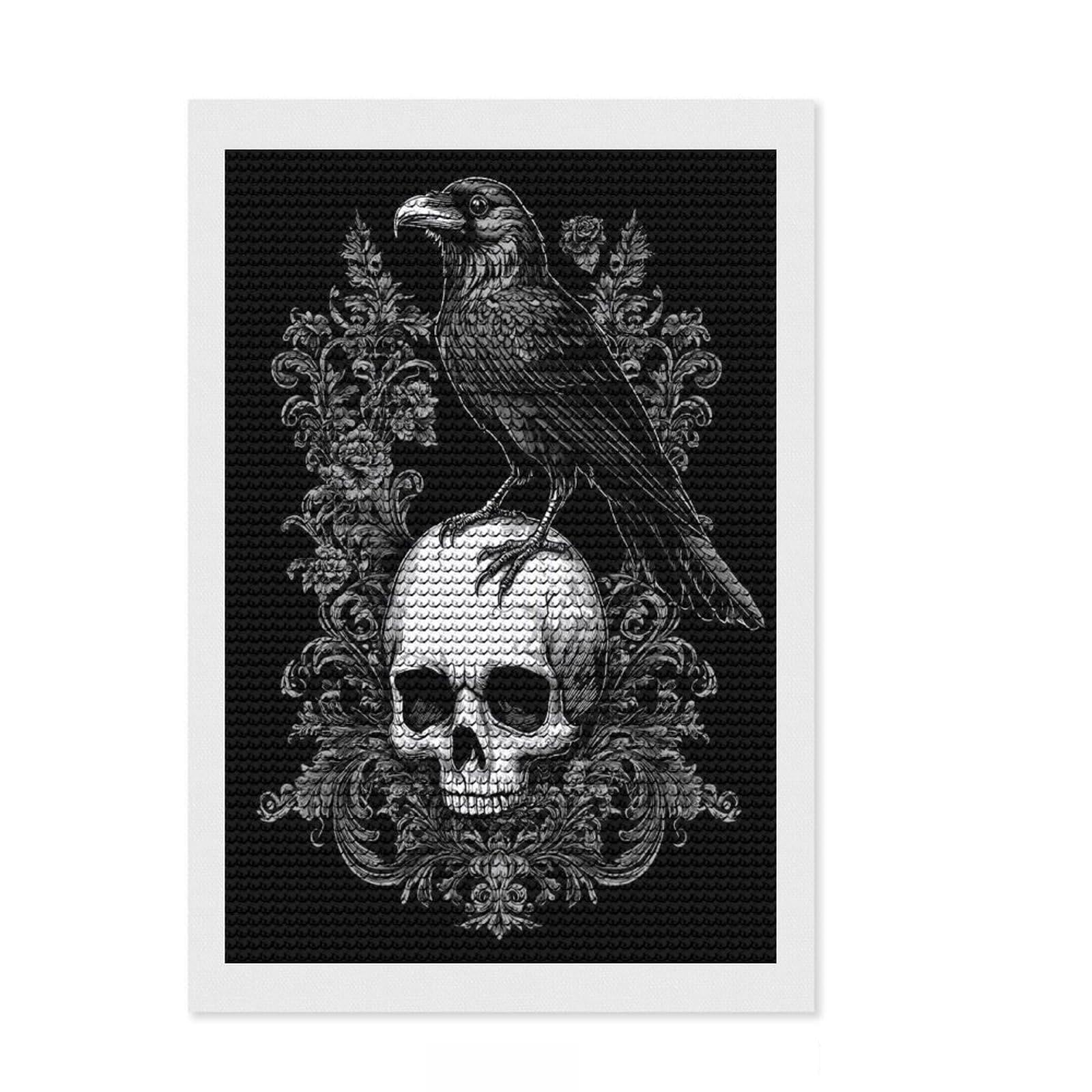 Junmoney Gothic Raven on Skull Diamond Art Kit 8"x12", Finish and Display, with Tool Kit, Living Room Decor, Birthday Gift, Neat Printed Canvas