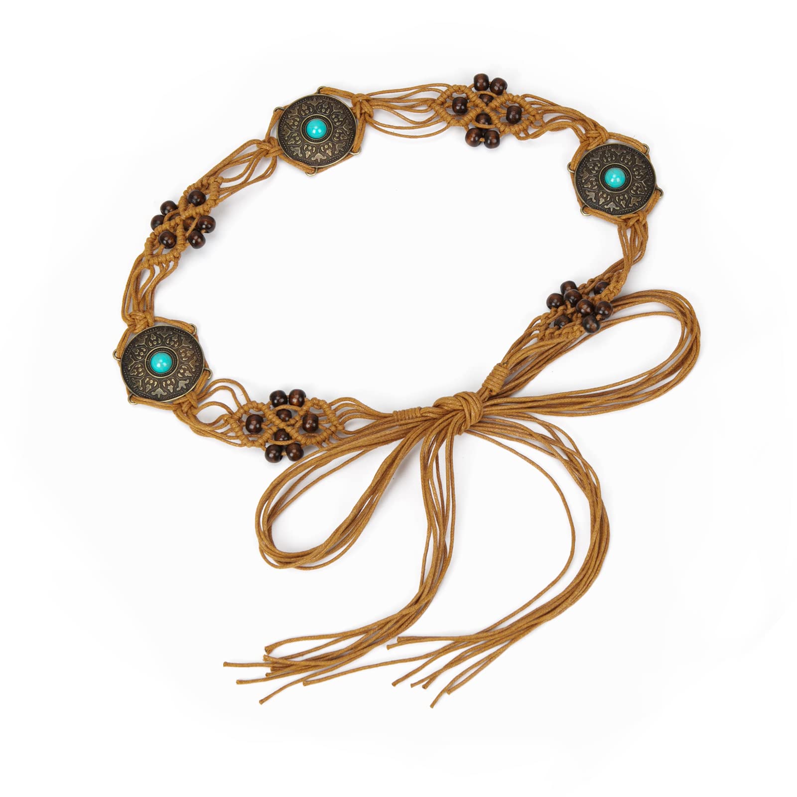 ILuvatar Women's tassel knotted belt Metal wide belt U11 Women's Bohemian Style Rope Braid Waist, Brown, 170 cm