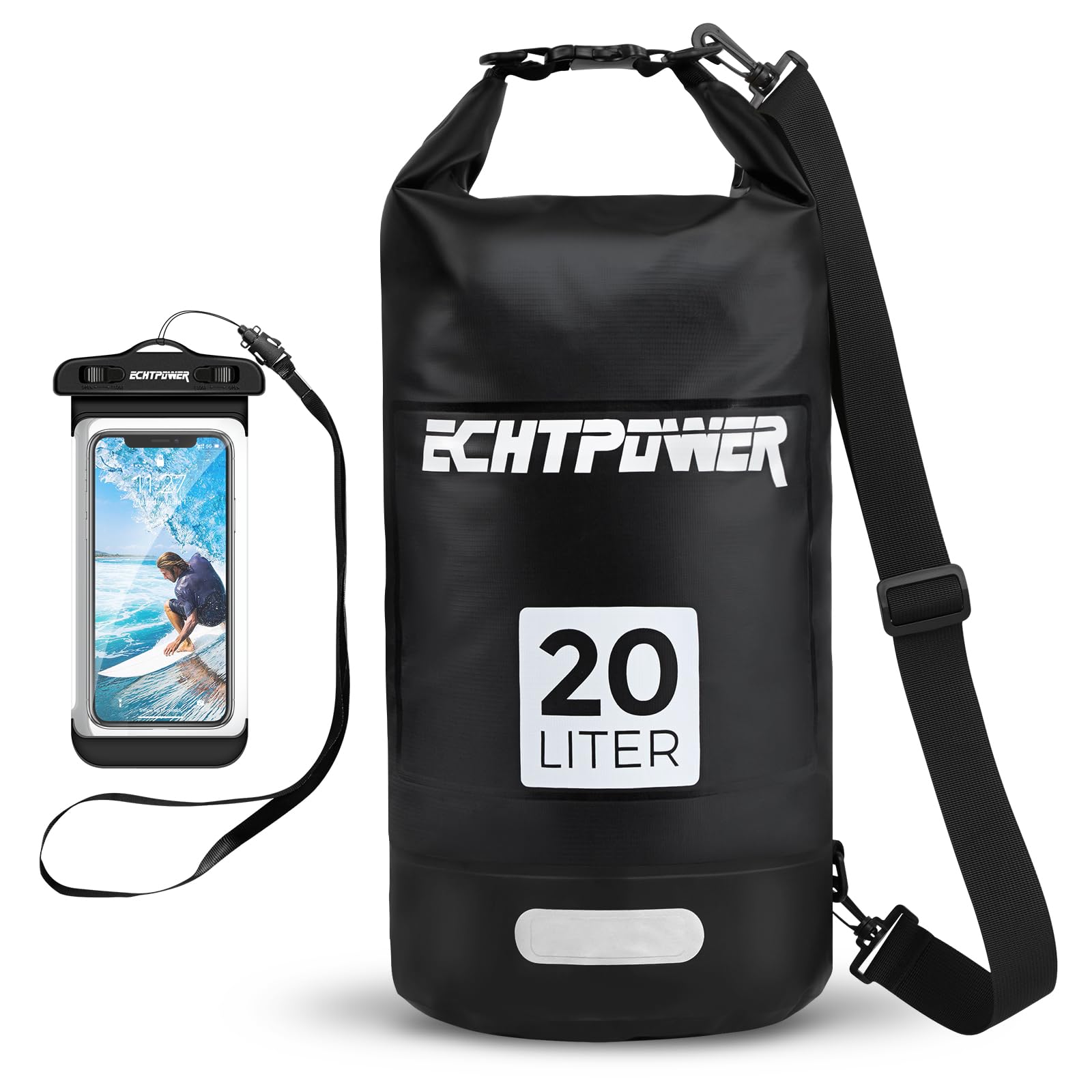 ECHTPower Mochila Impermeable 5L/10L/20L, Bolsa Estanca Impermeable con Funda de Móvil, 100% Impermeable con Doble Correa, Bolsa Seca para Paddle Surf, Playa, Kayak, Senderismo, Camping, Esquí, Pesca