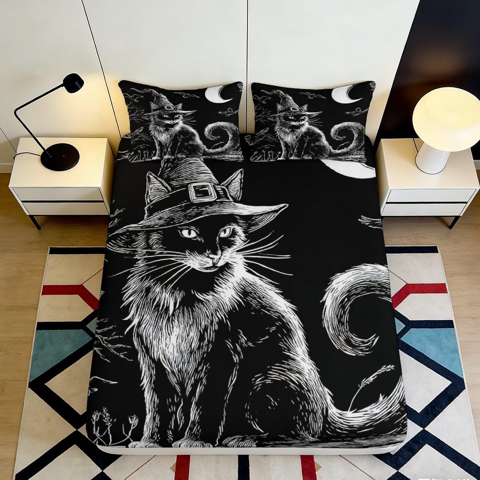 3D Printed Witch Cat Moon Fitted Sheet Microfiber Soft Non-Slip Bed Cover for Bedroom Dorm Decor 90x200x25cm