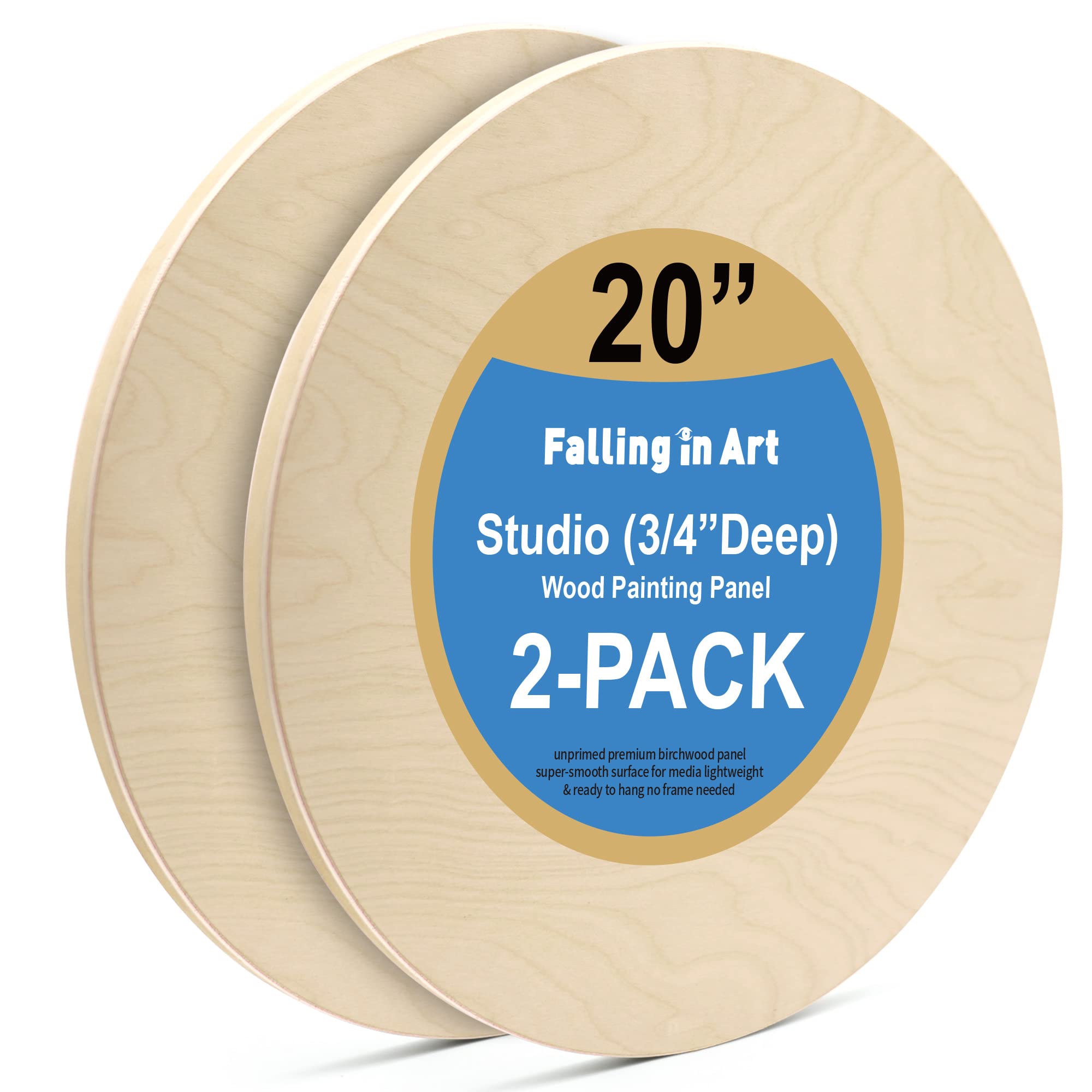 Falling in Art Unfinished Round Birch Wood Panels Kit for Painting, Wooden Canvas 2 Pack of 20 Studio 3/4" Deep, Cradle Boards for Pouring, Art,