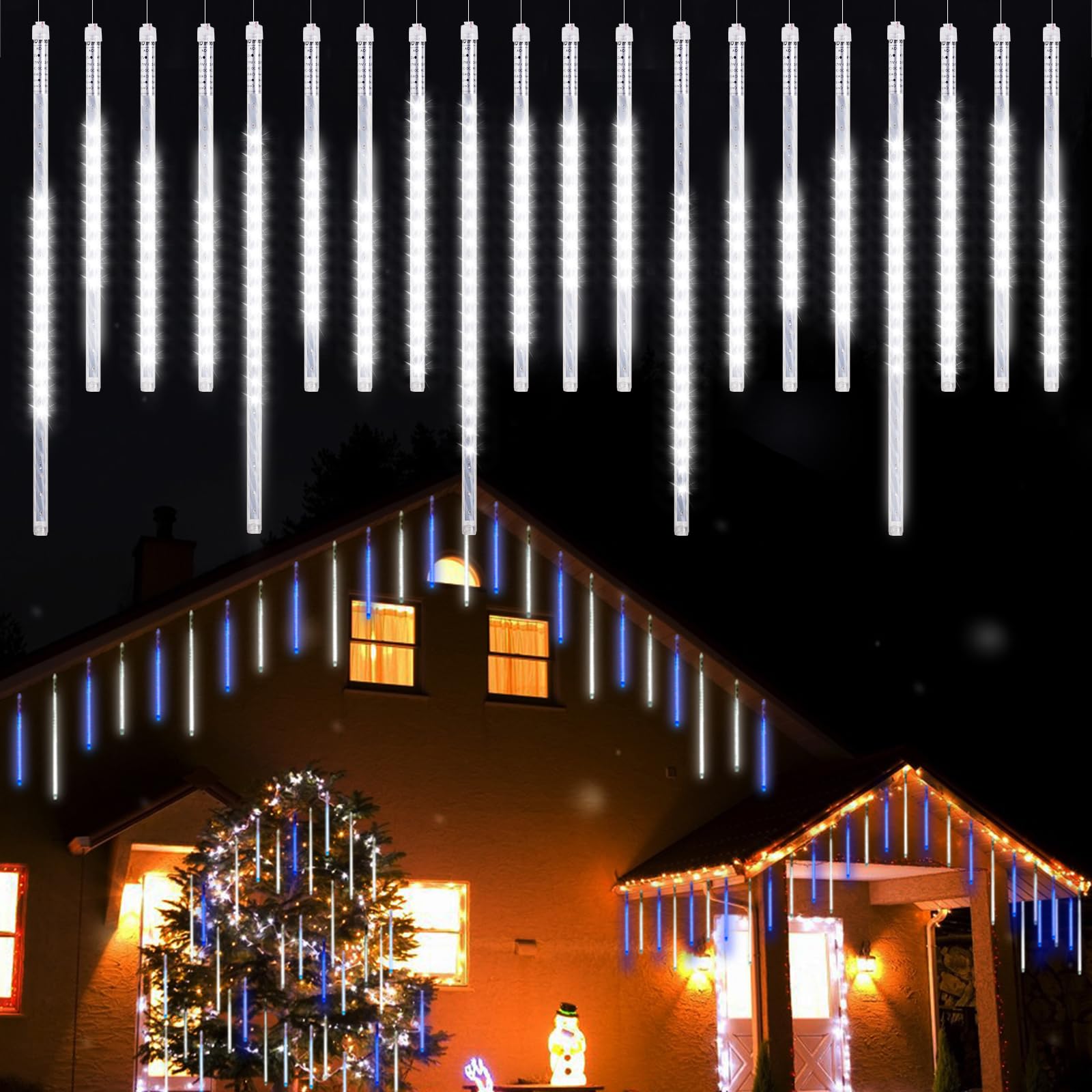 Lumières de Noël extérieures, Lumières de pluie de météores avec 20 tubes spirales (50-30cm 720 LEDs) longueur 6,65m, Lampe à glaçons étanche pour la décoration de Noël en extérieur, Blanc