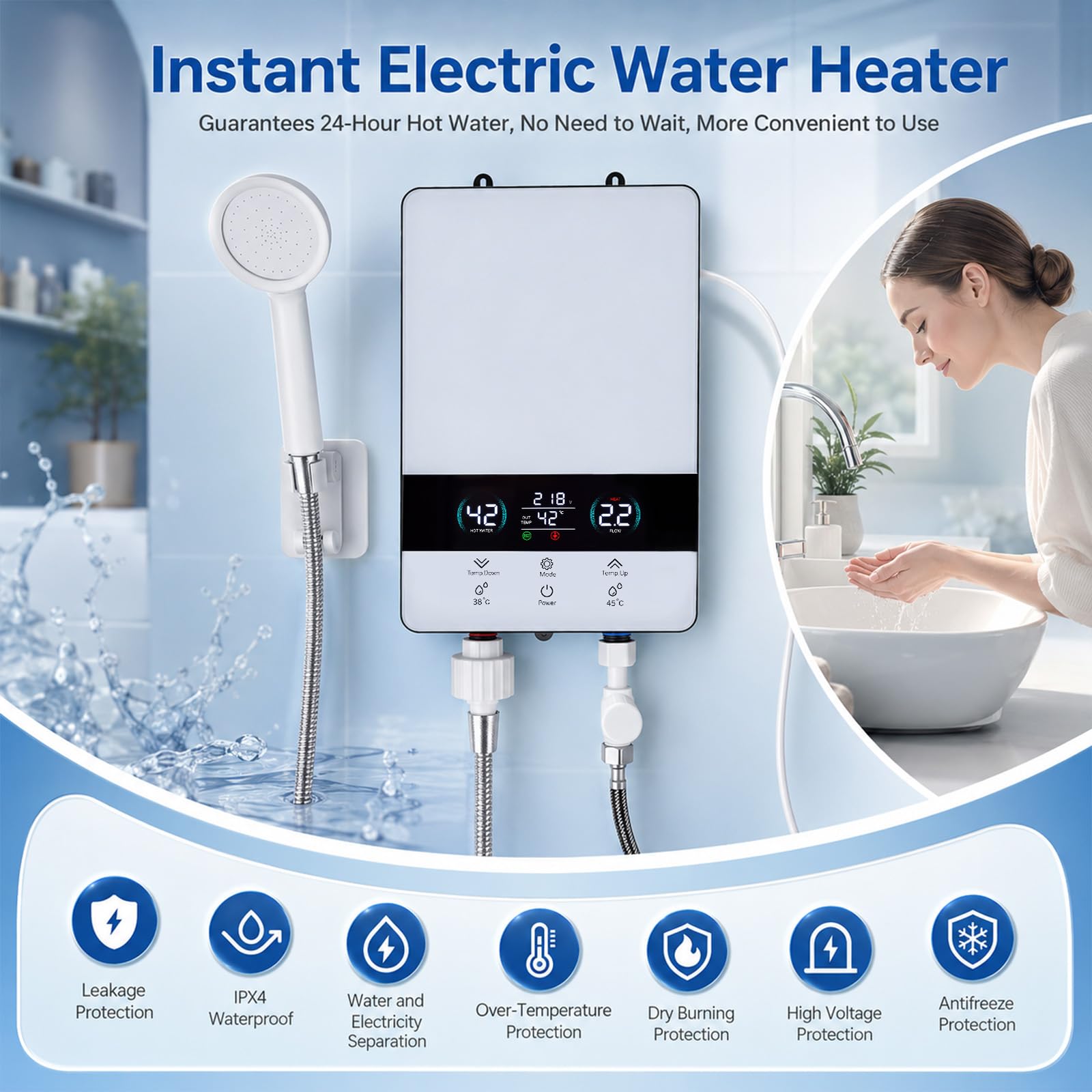 Elektrischer Durchlauferhitzer 6000W mit LED Display, Klein Untertisch Durchlauferhitzer mit Duschset 230V, Schnelles Aufheizen, Wasserdicht, Elektrischer Warmwasserbereiter für Küche und Dusche