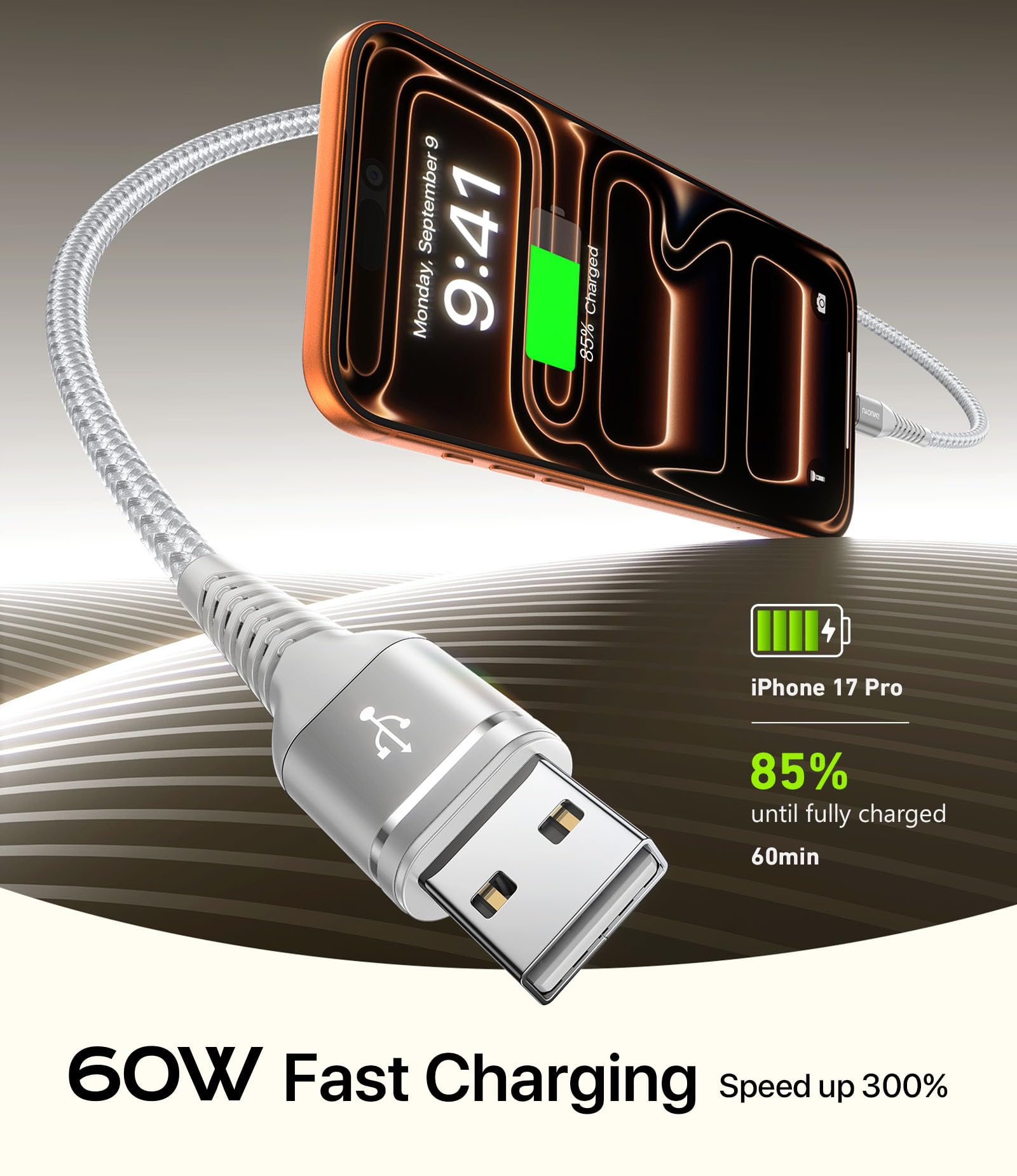 Cavo USB C a C da 1,8 m, 240 W, cavo USB C a USB C per ricarica rapida, cavo USB C per iPhone 17/16/15, Samsung S26 S25 S23, laptop, MacBook Pro/Air-Silver