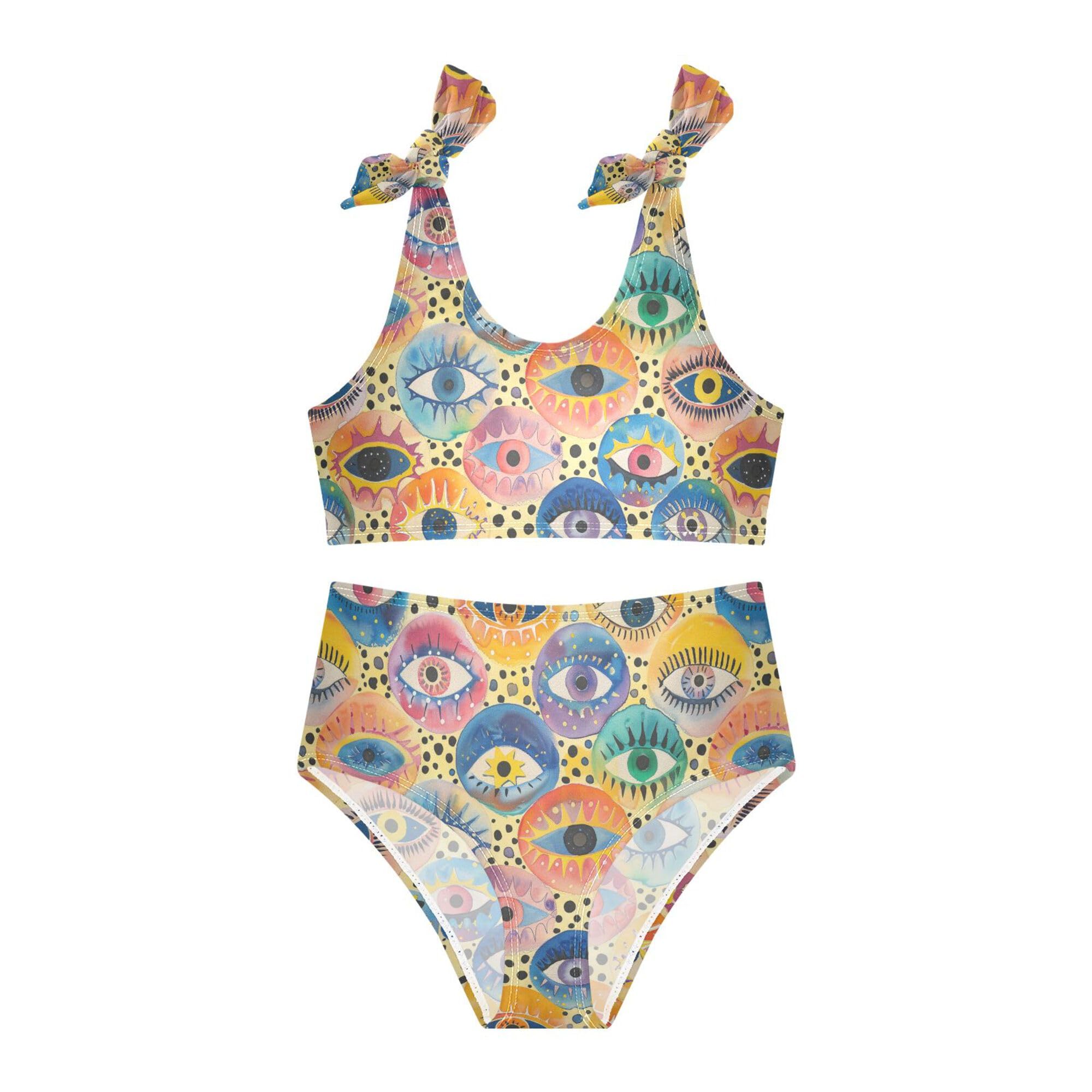 JUNZAN Evil Eyes Ball on Rainbows Leopard Printed Girls Swimsuits High Waisted 2 Piece Swimwear Youth Girls Tankini Swimsuit 3T