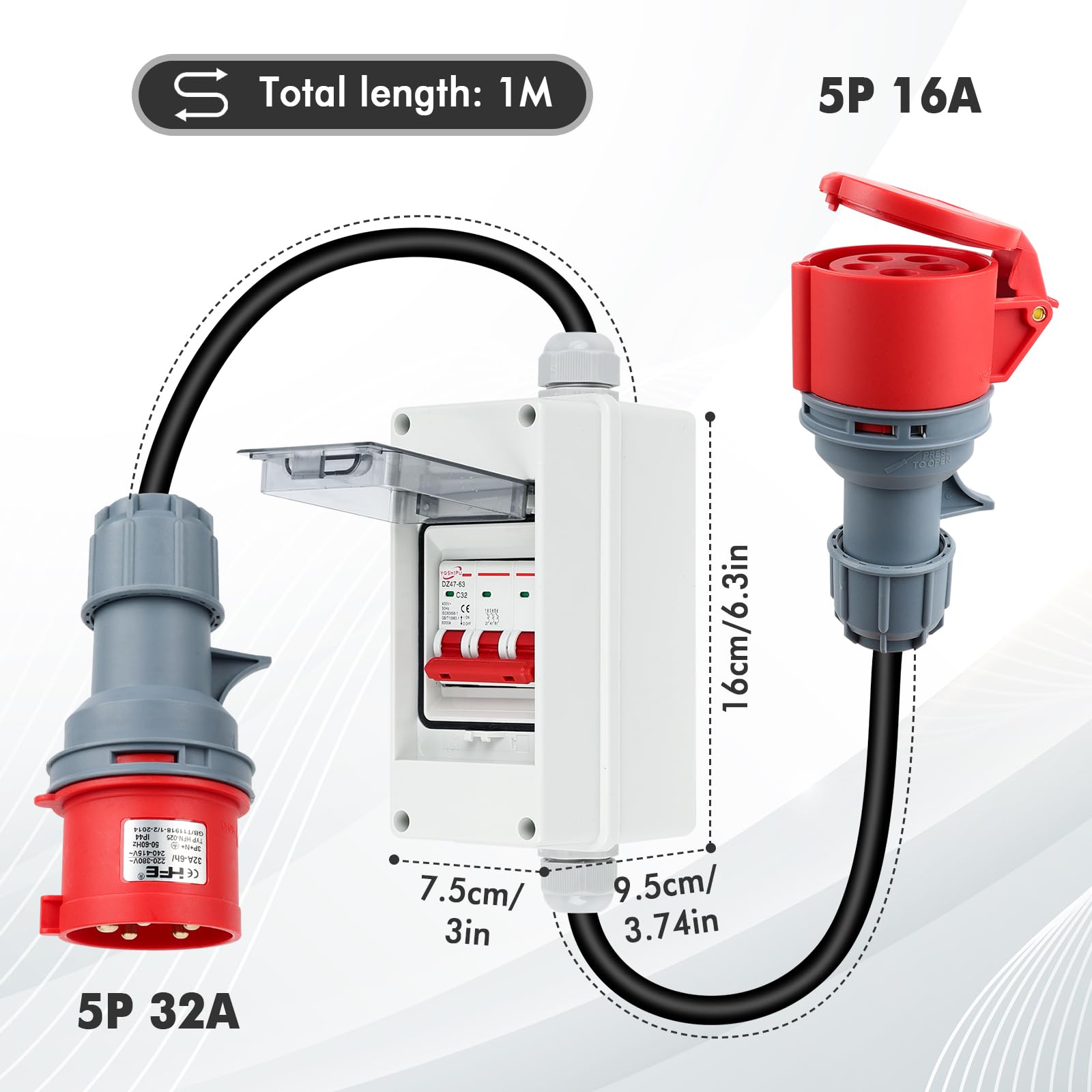 CEE Adapter 32A auf 16A, IP44 CEE Stromadapter Stecker mit Schutzschalter, 32A 400V Stecker auf 16A 400V Kupplung Starkstrom, CEE Verlängerungskabel Starkstrom Adapter und Steckdose (32A auf 16A)