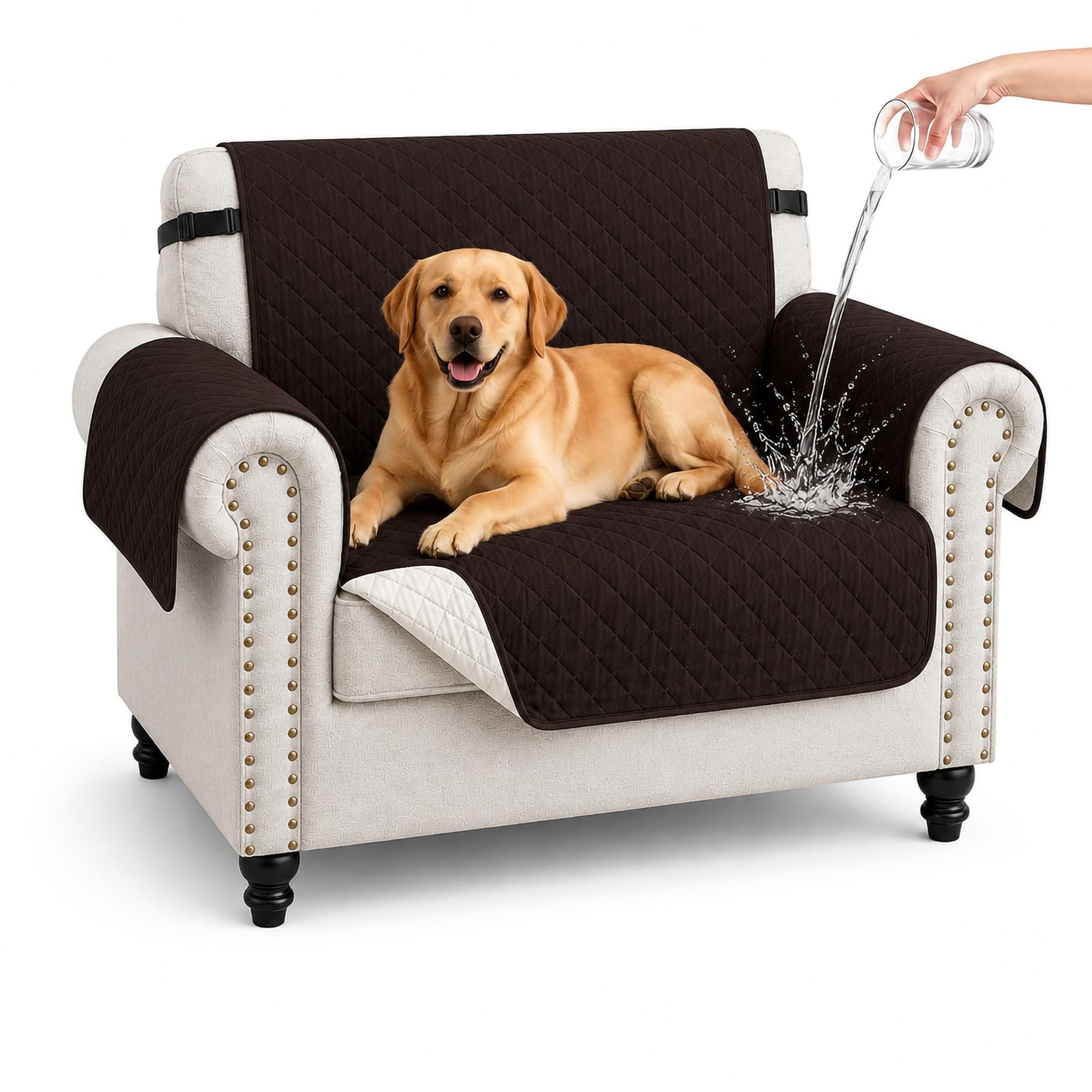 Hiiksolo Water Resistant Sofa Cover, Checkered Pattern with Non Slip Elastic Straps, Couch Protector for Dogs, Settee Covers Furniture Slipcovers, 1 Seater Chocolate
