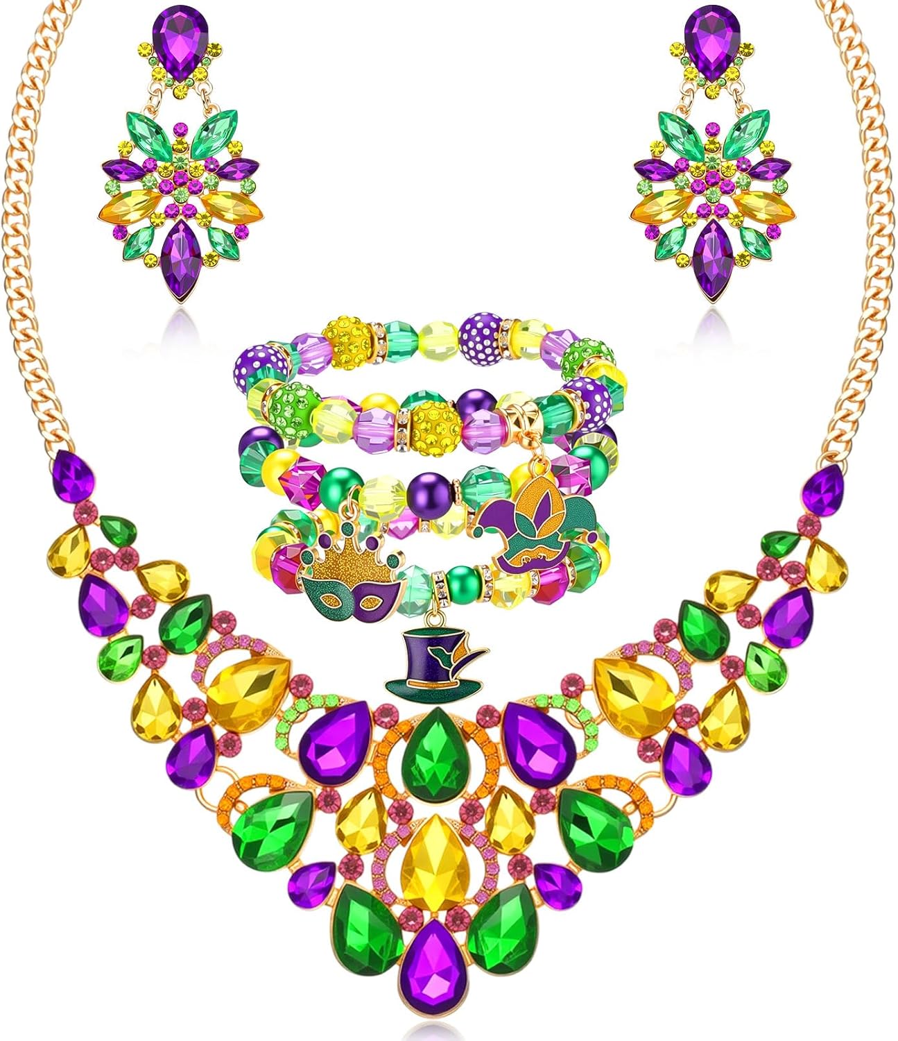 5 Pcs Mardi Gras Necklace Bracelet Earrings Jewelry Set Mardi Gras Gift Women Rhinestone Beads Purple Green Gold