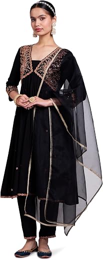 Amazon Brand - Myx Women's Embroidered Anarkali Kurta Pant Set with Organza Dupatta | Salwar Suit (Available in Plus Sizes)