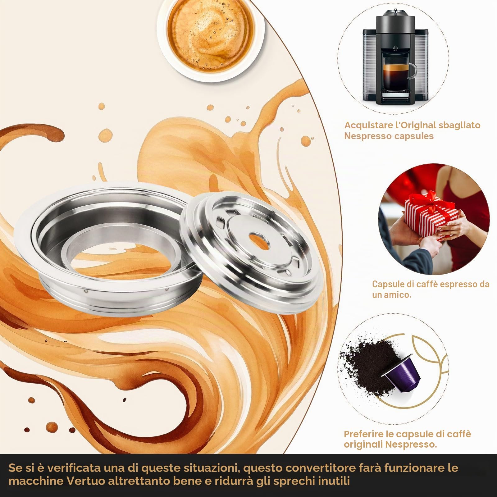 Adattatore riutilizzabile per capsule di caffè da 80 ml, adatto per Nespresso Vertuo