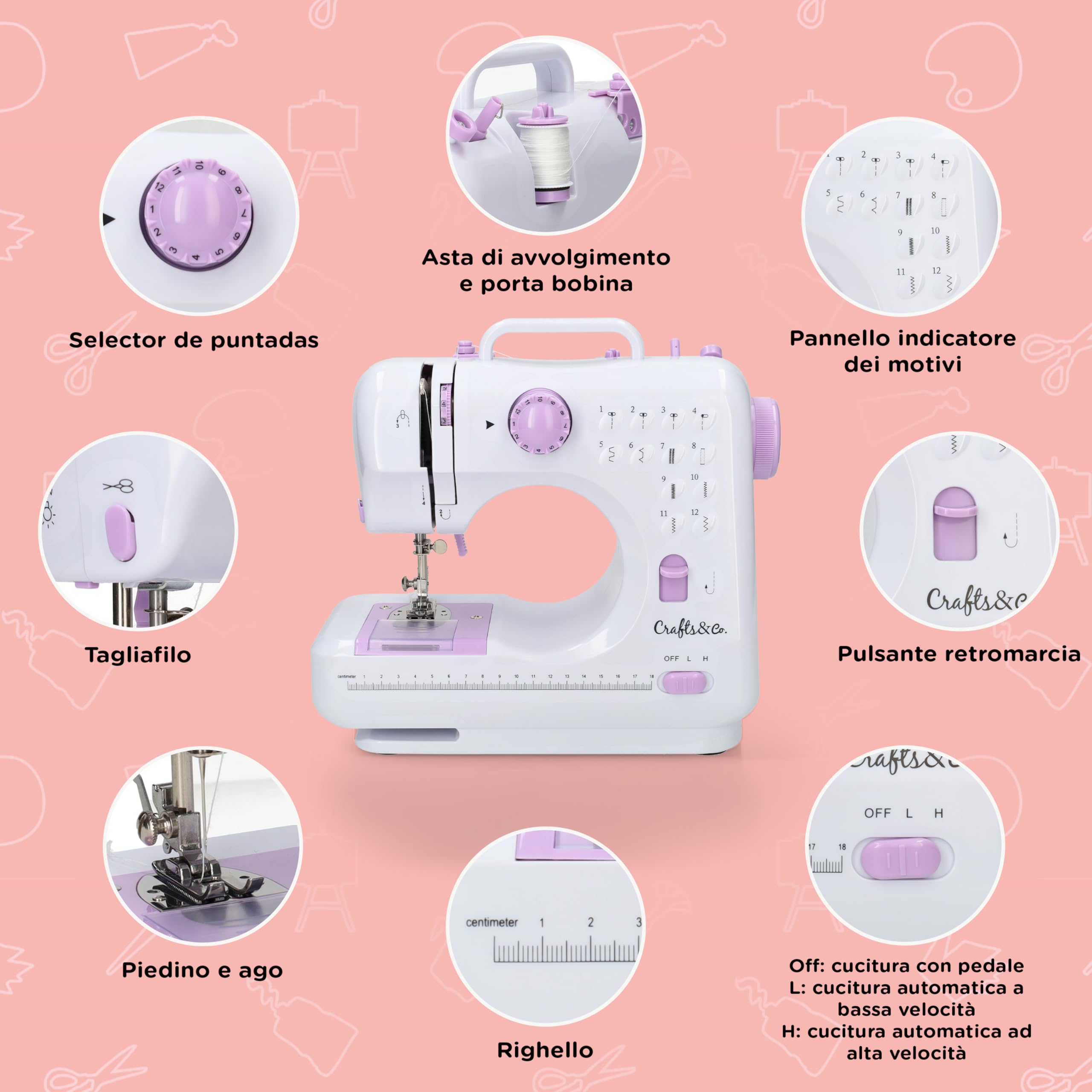 Crafts&Co® Macchina da cucire Principiante | Mini Macchina da cucire con 12 punti incorporati | Macchina da ricamo elettrica Overlock | Funziona a batteria o tramite adattatore | Bianco-viola