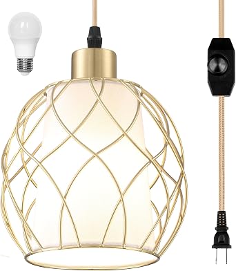 Cinkeda Plug-in Pendant Light, Hanging Lamp with Linen Shade, 15ft Golden Cotton Cord, Plug-in Light Fixture for Bedroom Bulb Included