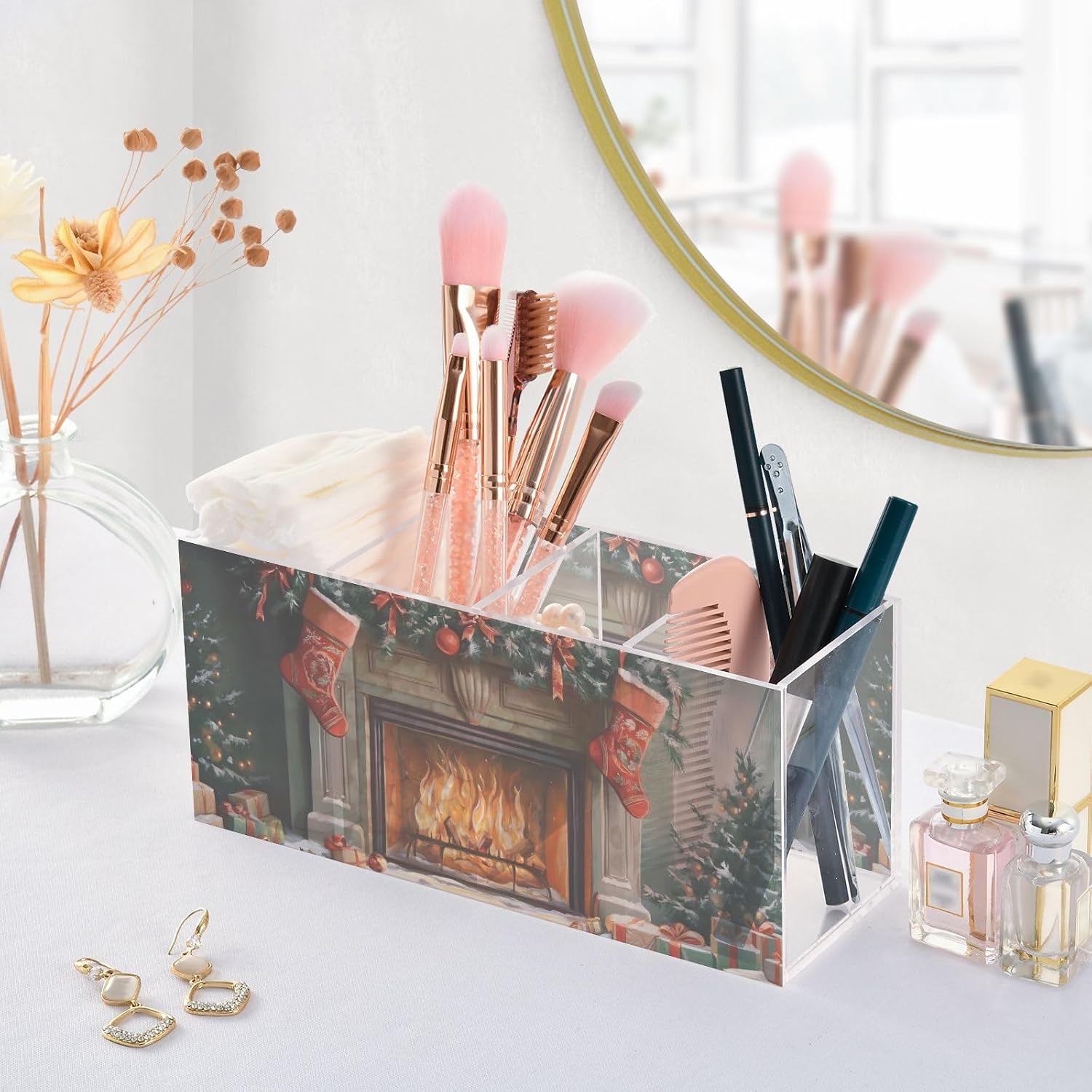 Christmas Stocking Fireplace Acrylic Pen Holder 4 Compartments Funny Cute Cool Anime Acrylic Pen Organizer Pencil Holder for Desk Hair Brush Holder image 5