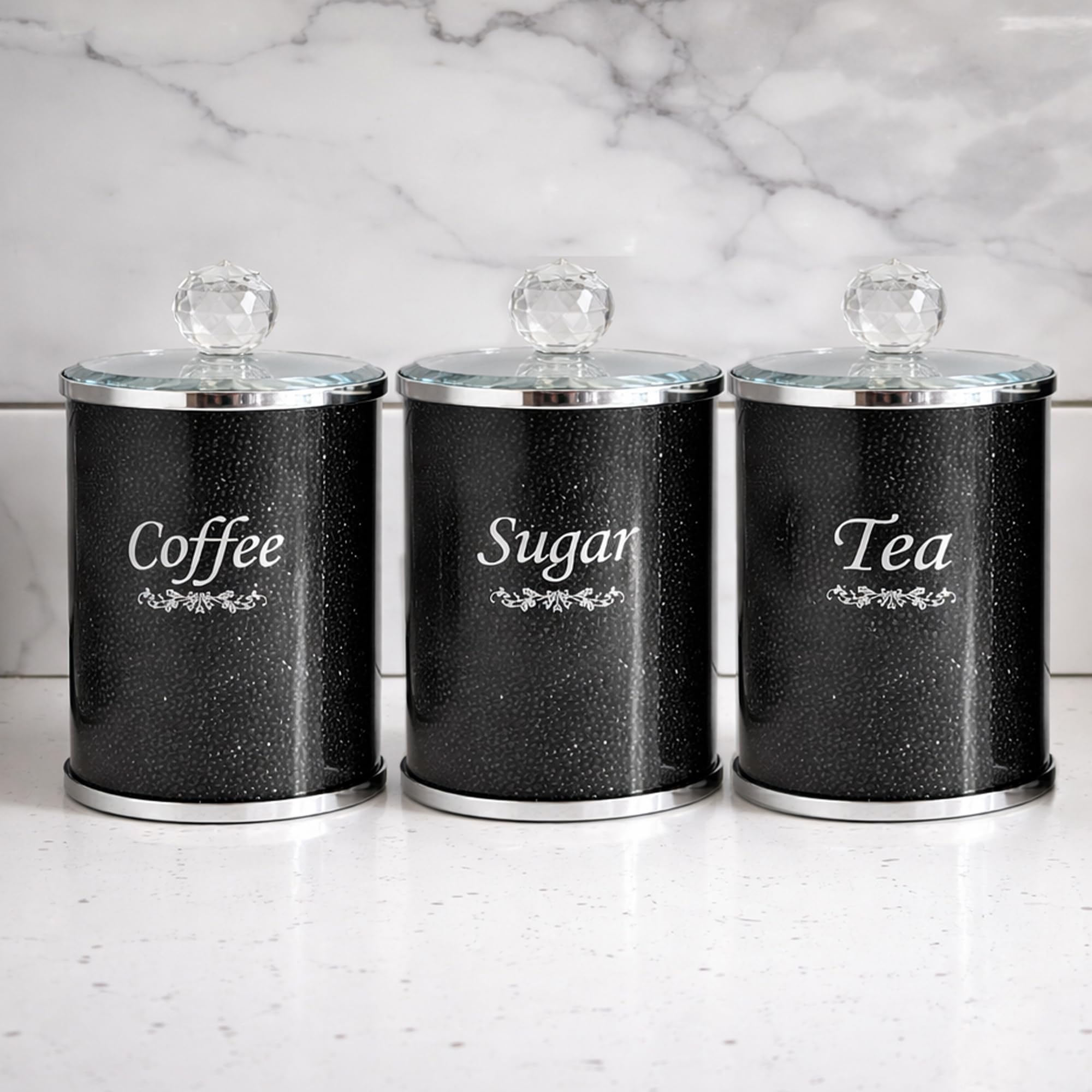BML Black Trimmings Crystal Filled Tea Coffee Sugar Canisters | Elegance in Every Sip Crystal Filled Multi-Purpose Kitchen Storage Organiser