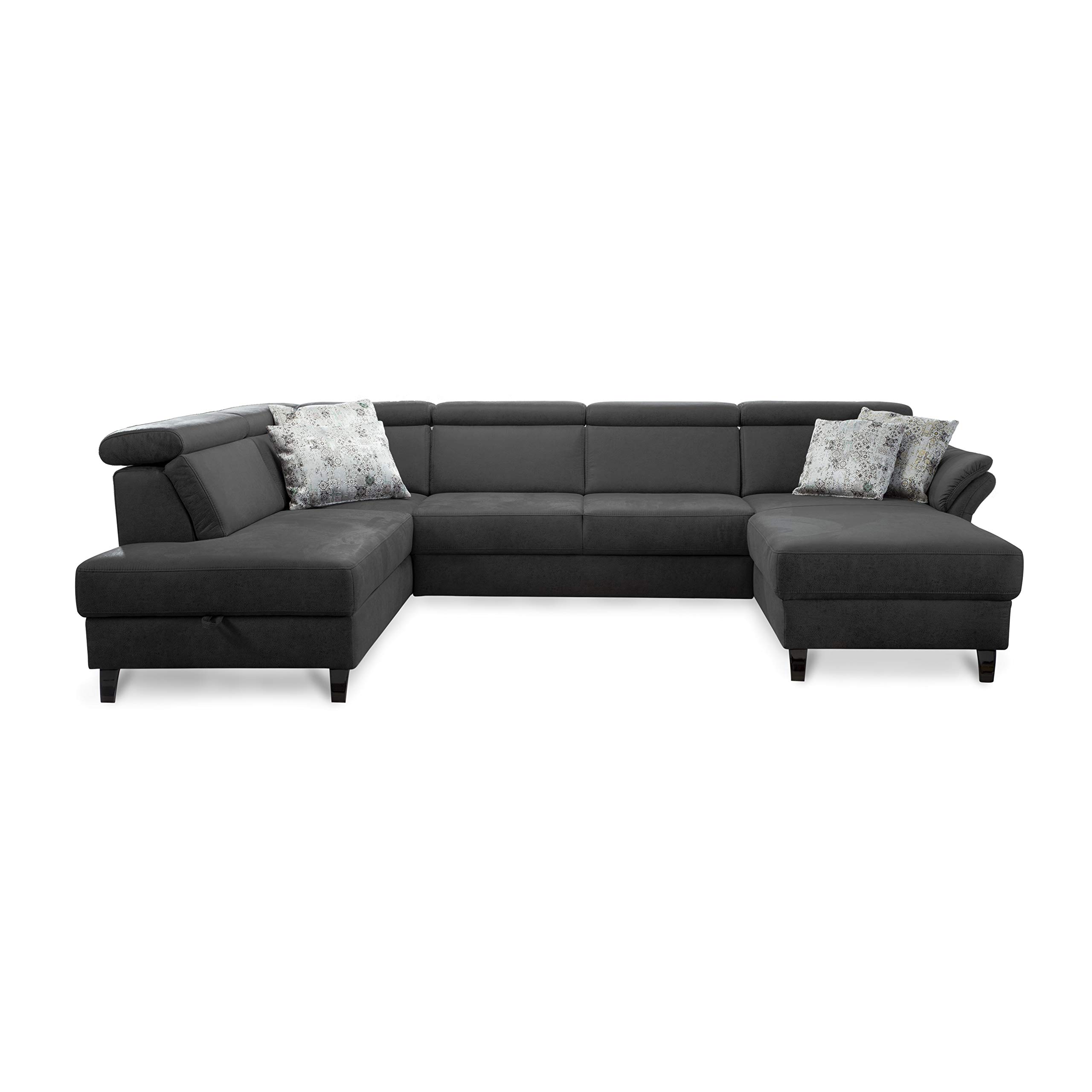 Cavadore Wohnlandschaft Ammerland mit Federkern, Schlafsofa mit Bettfunktion und Bettkasten, inkl. Kopfteilverstellung, 317 x 84 x 193, lederoptik dunkelgrau