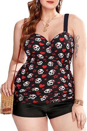 ROSE GAL Rosegal Plus Size Women 2 Piece Swimsuit Skull Heart Print Ruched Tummy Control Tankini Swimwear
