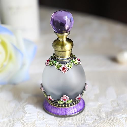 Miniatura 5 de YU FENG Botella de perfume de vidrio de cristal antiguo de 0.5 fl oz Pequeña flor Embelished Fancy Retro Round Botella de fragancia recargable