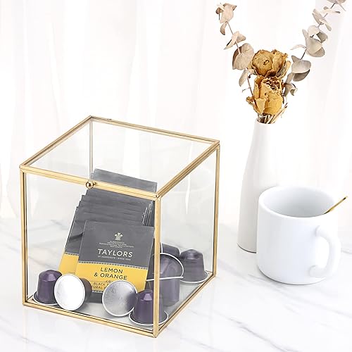 Miniatura 4 de ELLDOO Soporte para cápsulas de café de vidrio dorado, caja de almacenamiento de cápsulas de café con tapa, bolsas de té, paquetes de azúcar,