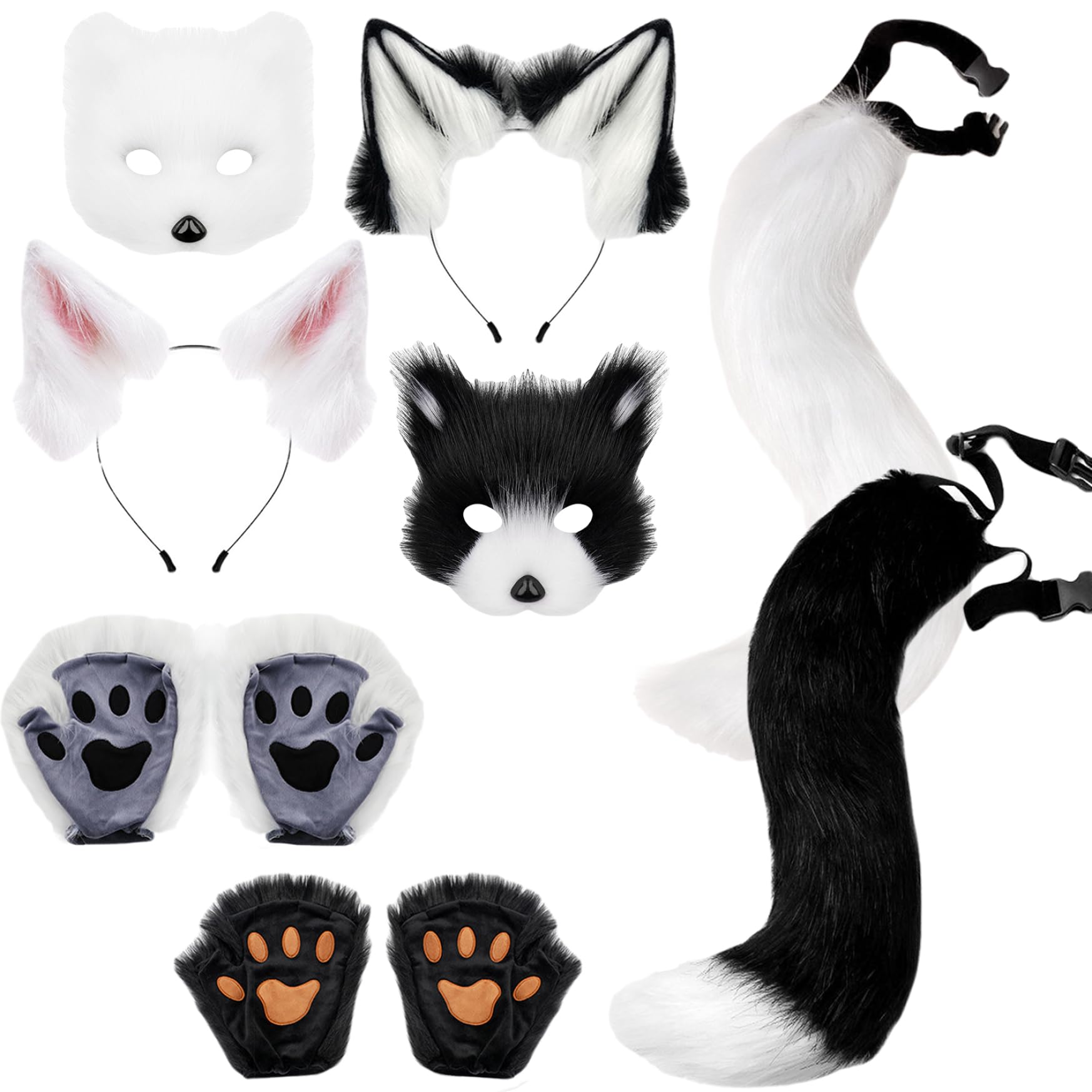 Xweptuy Therian Gear Fox Costume Set Faux Fox Ears and Tail Therian Paws, and Mask for Adults and Kids Role Play Party, White Black