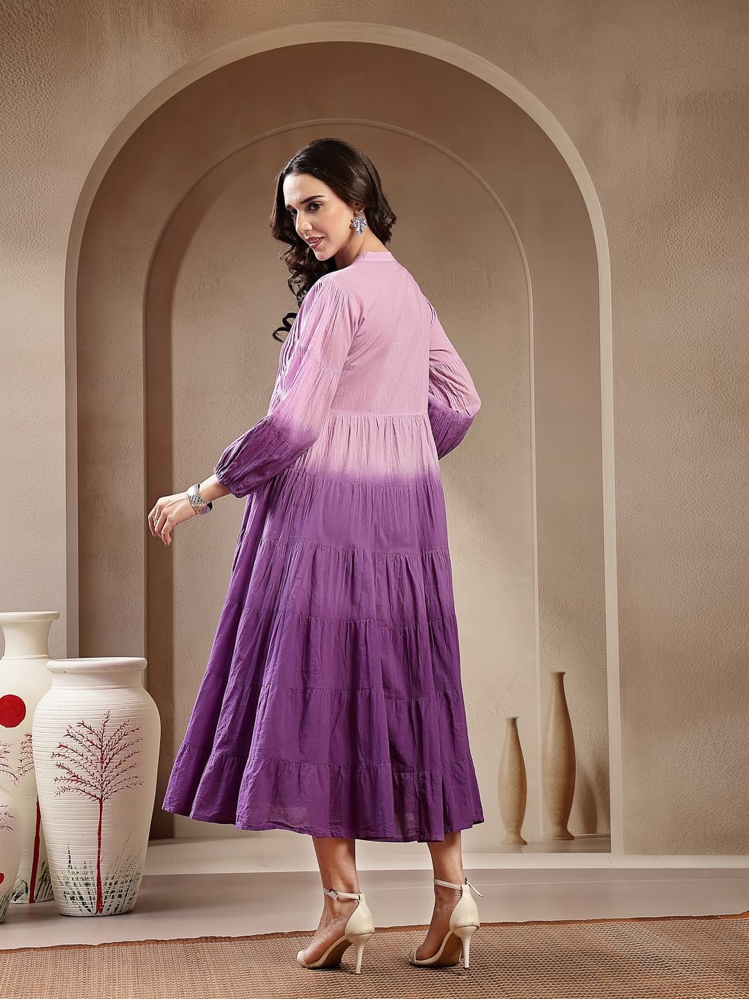 Stylum Abito a balze in cotone a doppia tonalità viola da donna