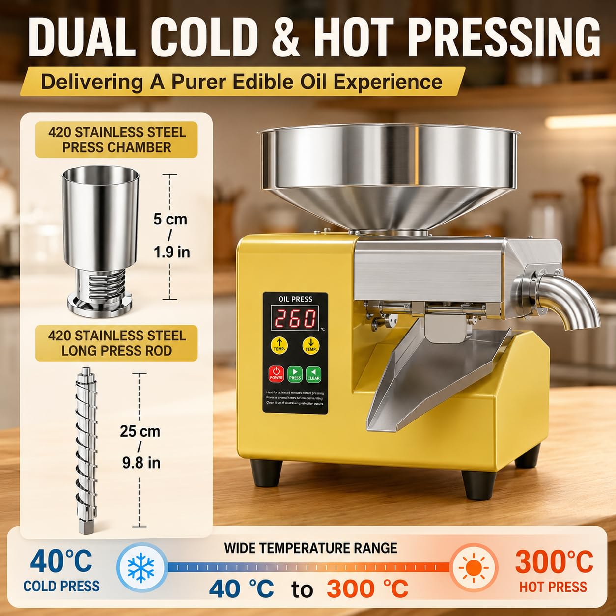 Maszyna do tłoczenia oleju 1500 W, ekstraktor na zimno ze stali nierdzewnej z pojemnikiem 235 mm, wydajność 5-9 kg/h do oliwek, orzeszków ziemnych, kokosów, sezamu