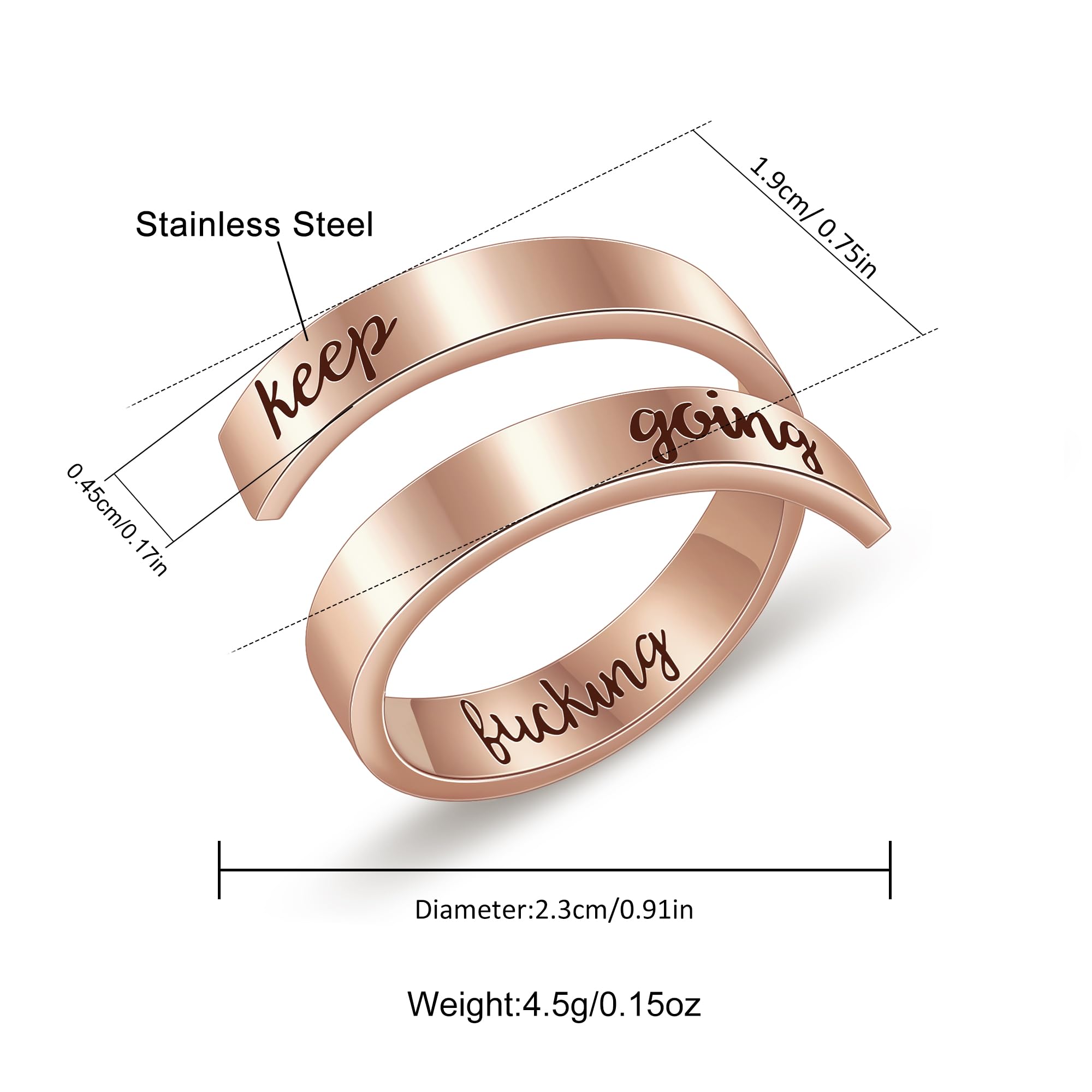 Anillo de plata con texto en inglés Keep Going, anillos inspiradores de acero inoxidable, tamaño grabado, bandas ajustables para estimulación de personalidad genial para mujeres y hombres, 5