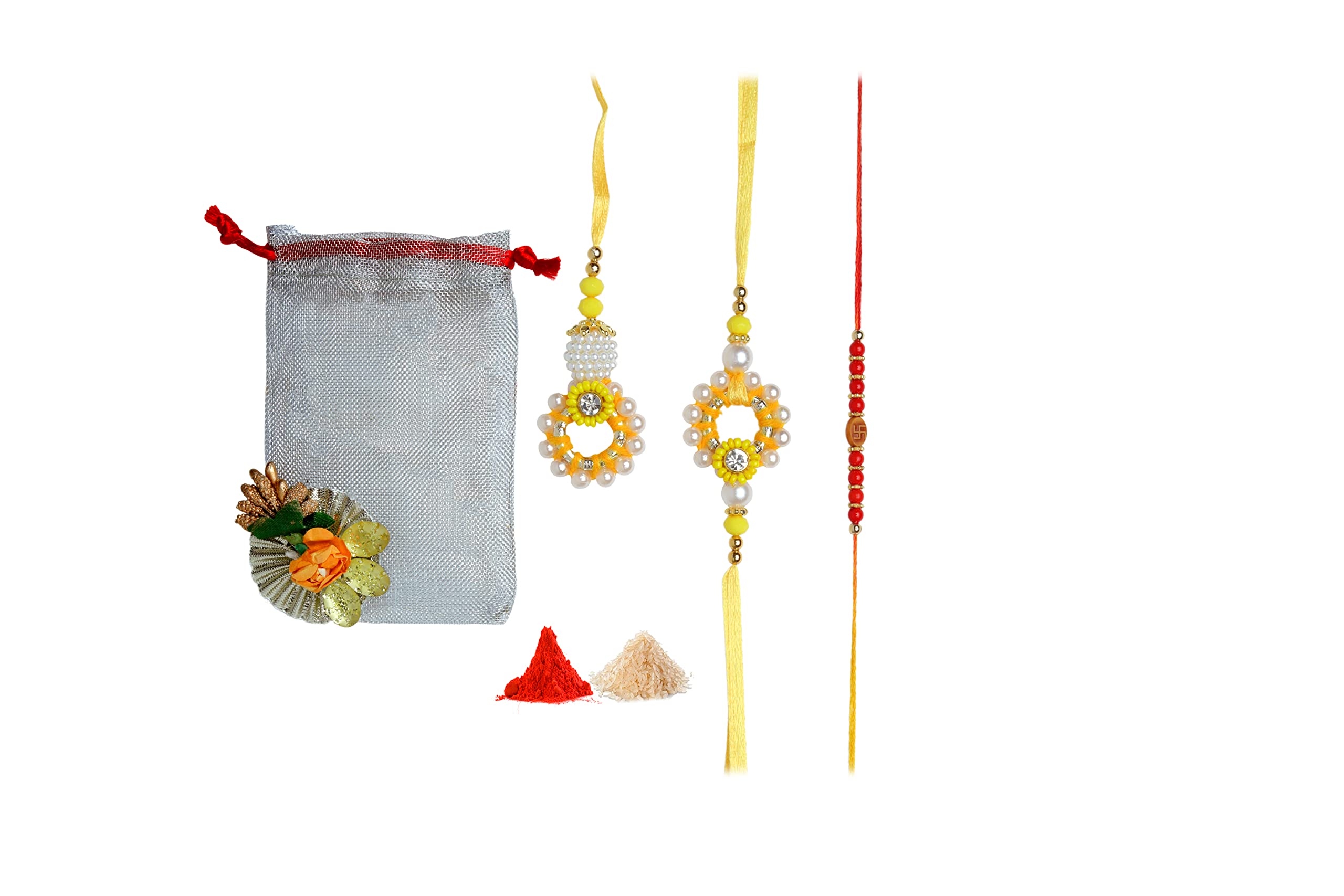 Set of 2 Rakhi For Bhaiya Bhabhi Rakhi Brother Rakhi Lumba set Couple Pair Rakhi Thread for Raksha Bandhan gift Set Rakhi Bracelet with Roli Chawal Gifts Pack In Pouch Potli Bag for Brother Sister