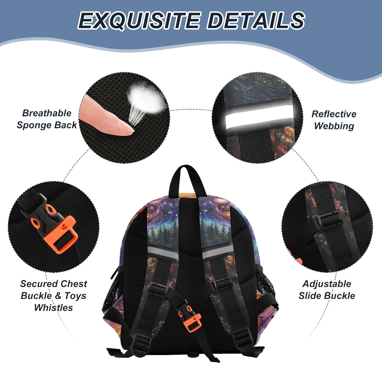 Waterfall Painting Black Toddler Harness Backpack for Boys Girls 3-6 Years Kids Backpack with Anti Lost Safety Leash Baby Travel Bag for Preschool Travel Walking