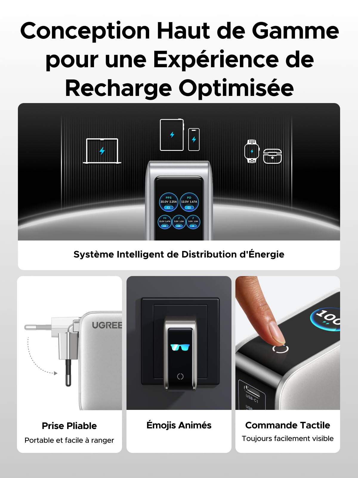 UGREEN Nexode Pro 100W Chargeur USB C Rapide 5 Ports avec Écran TFT GaN II Tech Compatible avec iPhone 17 Pro Max Air 16 15 14 13 12 Galaxy S26 S25 S24 Pixel 10 9 iPad MacBook Neo Air M5 M4 M3 M2 M1