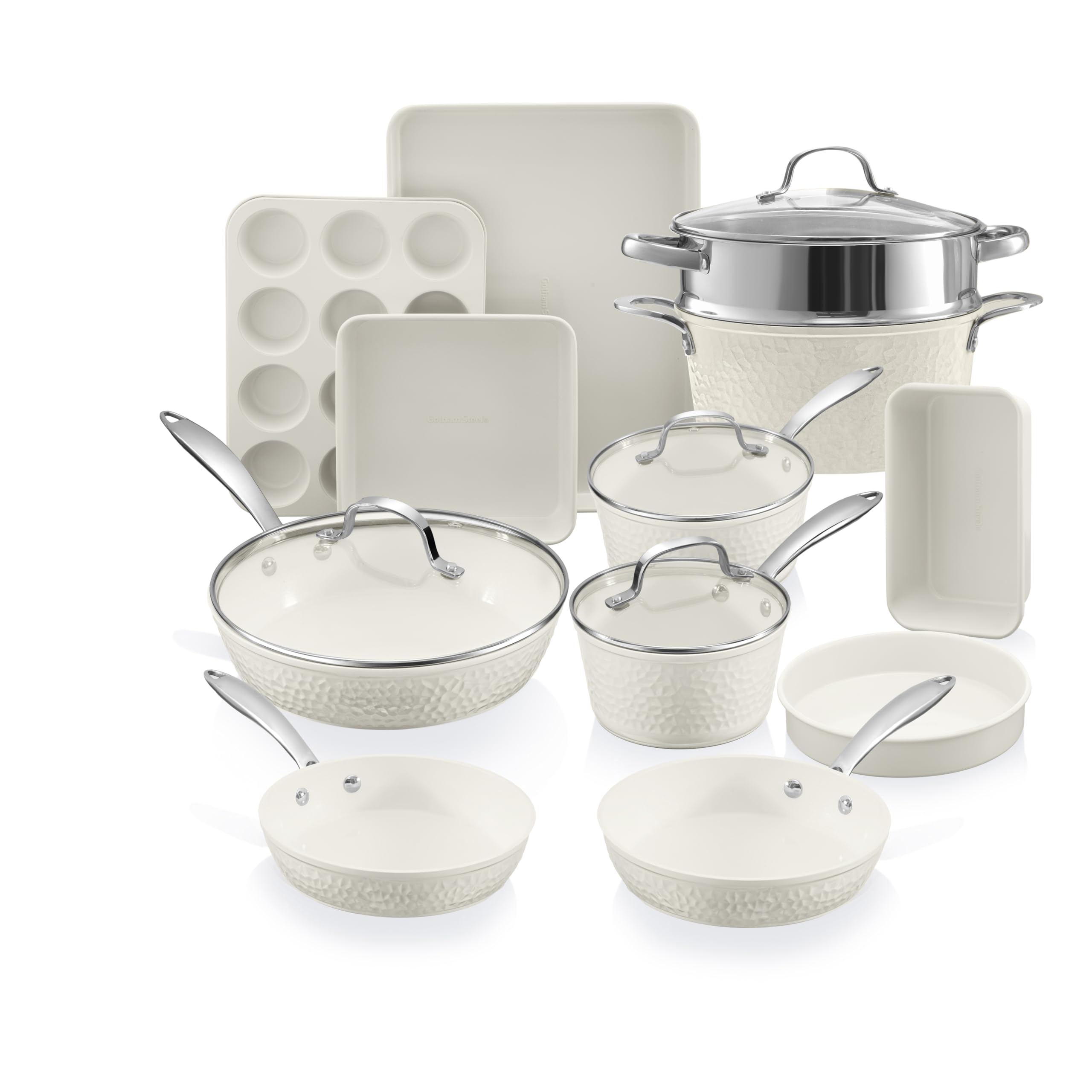Gotham Steel Hammered 15Pcs Ceramic Cookware Set Nonstick, Induction Pots and Pans Set Non Stick with Bakeware Set & Steamer for Cooking, Non Toxic PFOA PFOS Free, Oven & Dishwasher Safe, Cream White