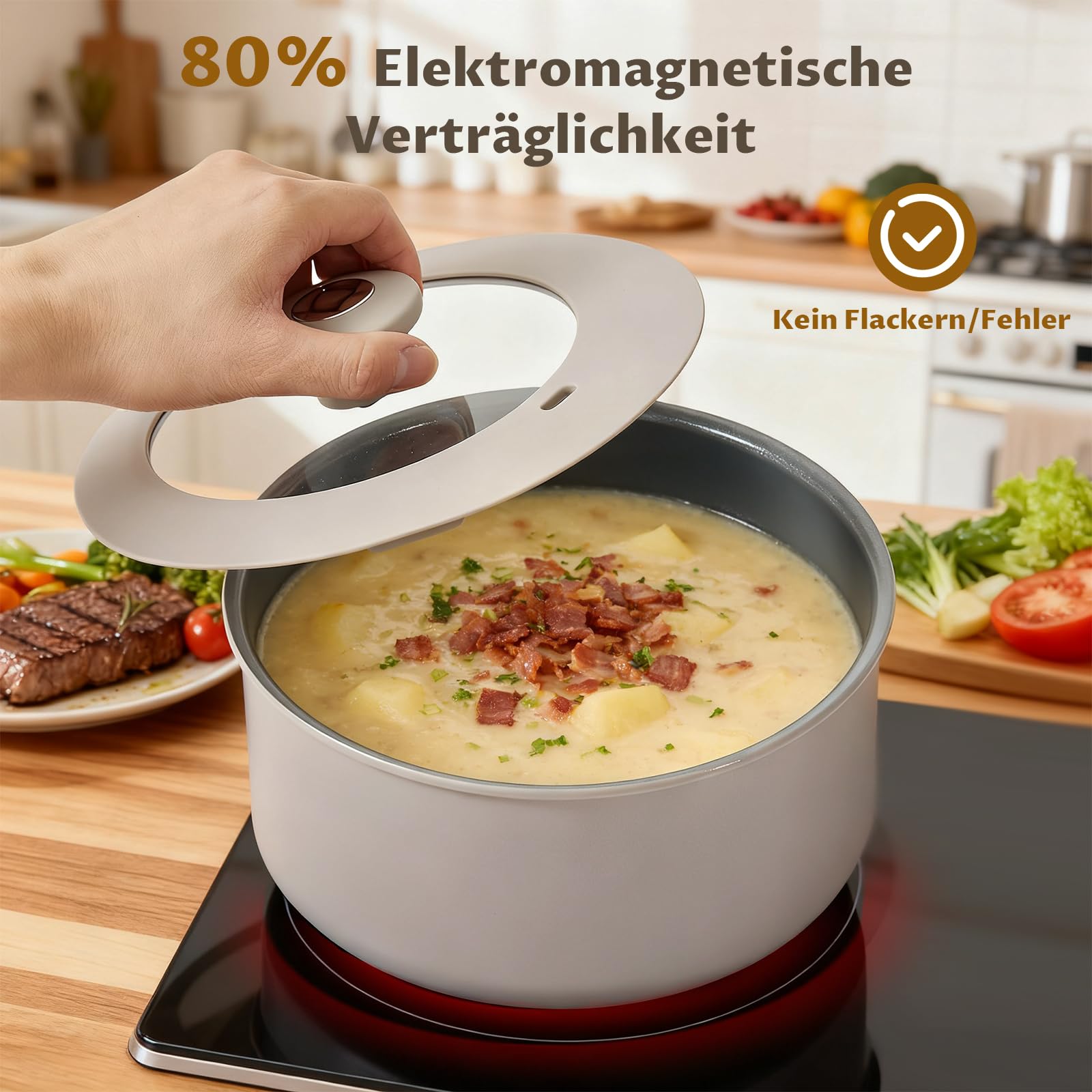 BLAZANT Topfset Induktion, Antihaft Keramik Töpfe mit abnehmbarem Griff | Kochtopf-Set für alle Herdarten, Molekular-Induktionsboden, PTFE/PFOA-frei, platzsparend für Camping & RV, 2 Universaldeckel